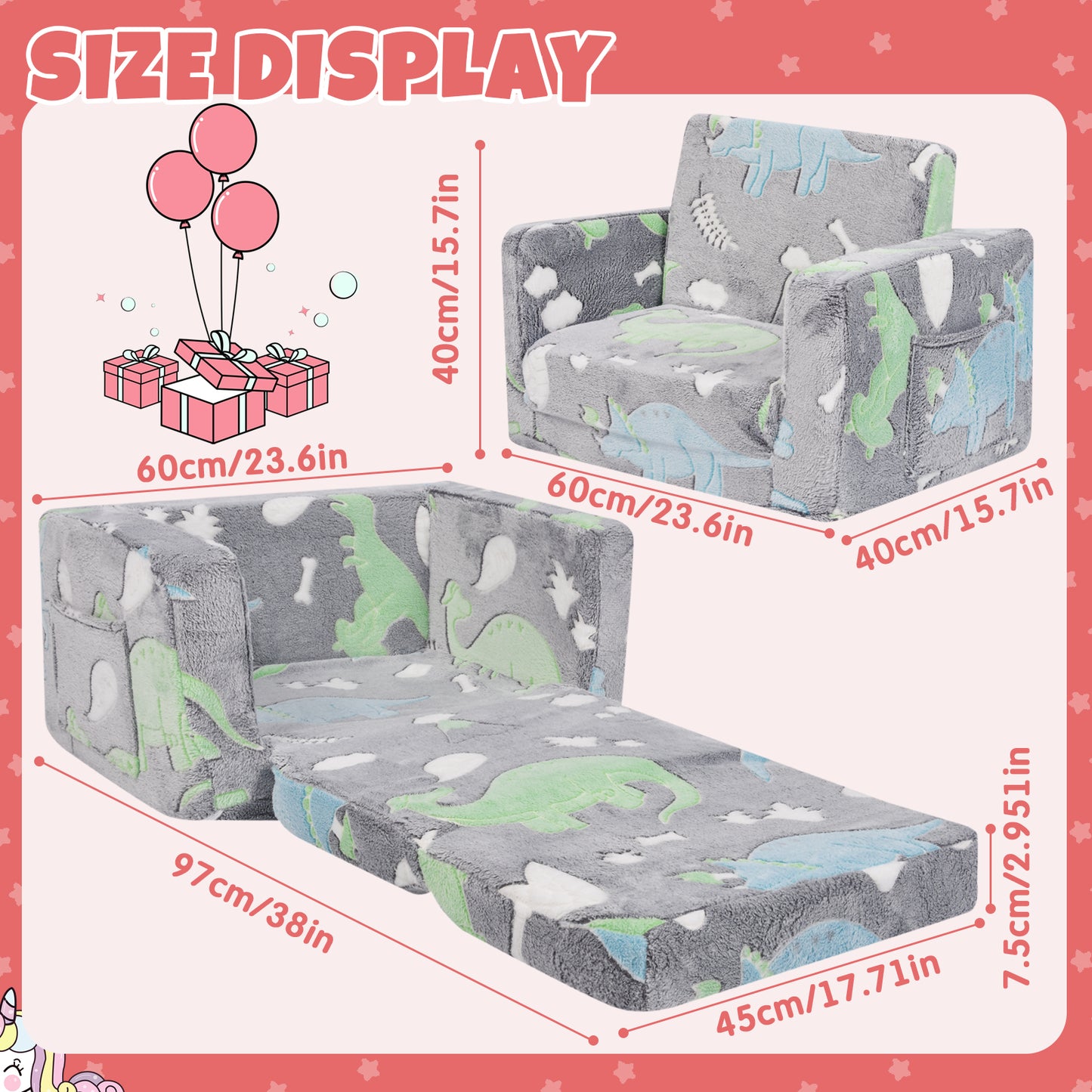 YINIX Flip-Out Chair 2-in-1 Convertible Sofa to Lounger, Kids Couch Bed with Pocket, Glow in The Dark for Toddler Girls Boys