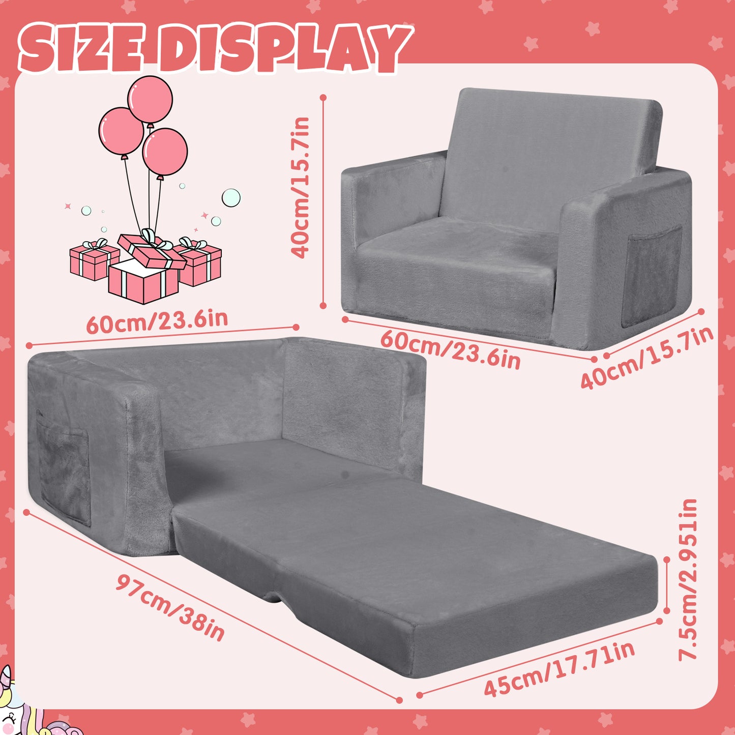 YINIX Flip-Out Chair 2-in-1 Convertible Sofa to Lounger, Kids Couch Bed with Pocket for Toddler Girls Boys, Gray