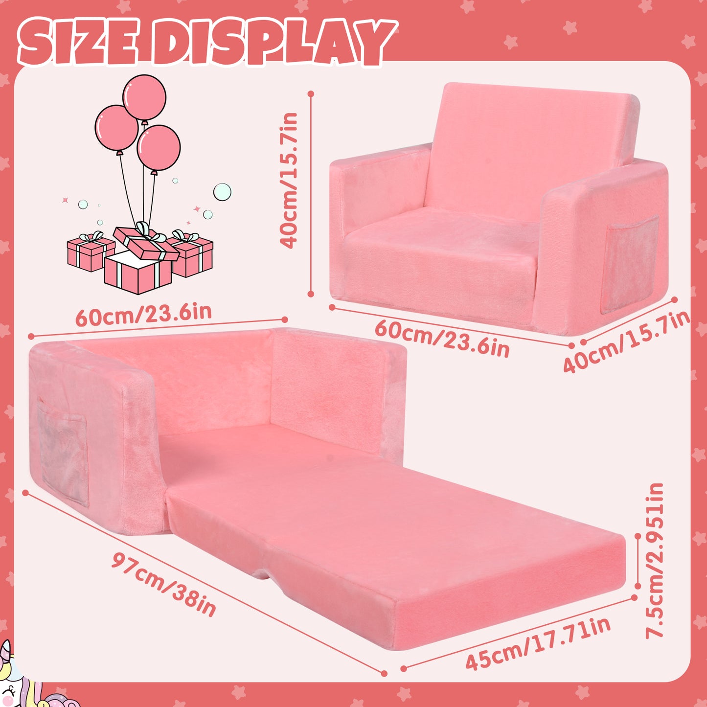 YINIX Flip-Out Chair 2-in-1 Convertible Sofa to Lounger, Kids Couch Bed with Pocket for Toddler Girls Boys, Pink