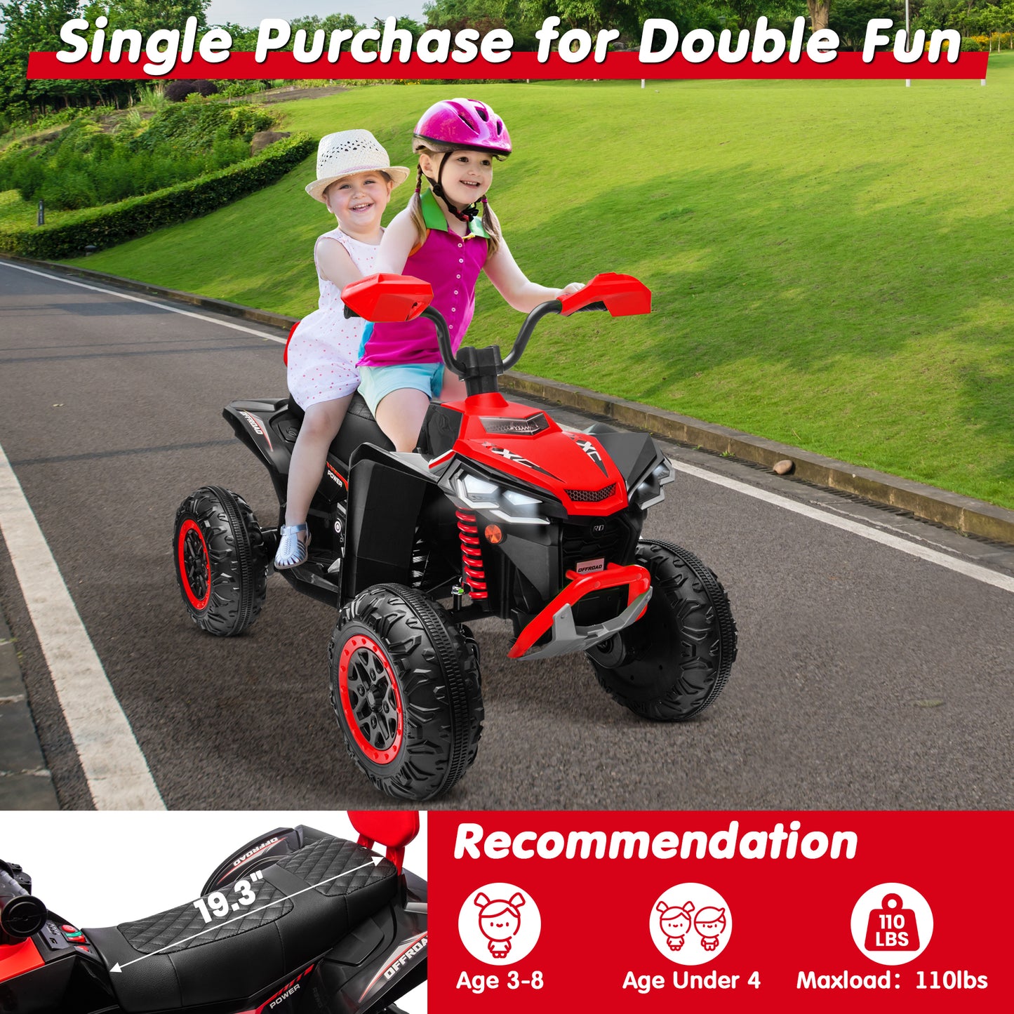 Joyracer 24V 4x4 Kids ATV Electric 4-Wheeler with Leather-Seater, 24 Volt Ride on Toys for Big Kids w/ Kneepads, 4x200W Motors, Bluetooth Music, Red