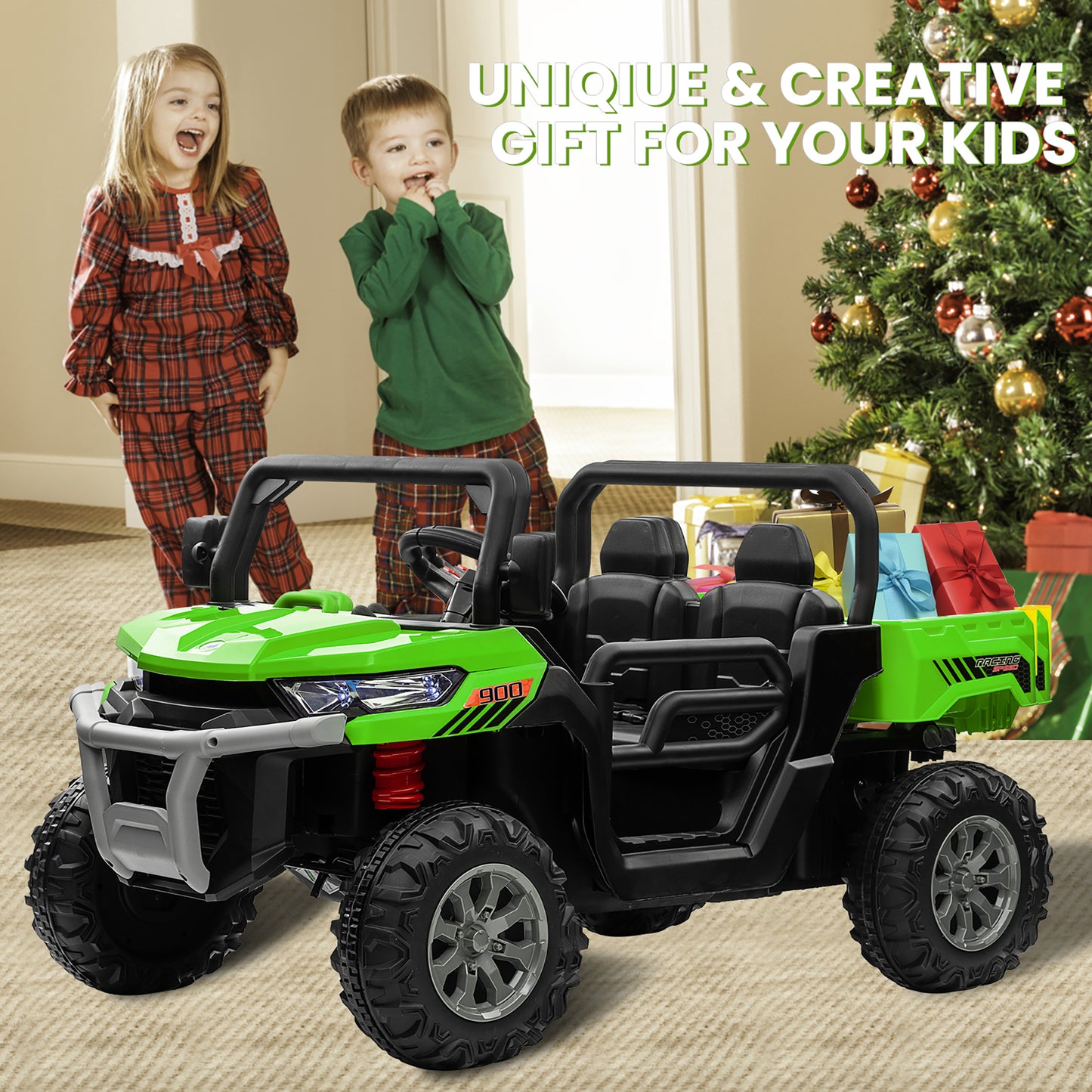 Joyracer 24V Ride on Toys UTV with Remote Control, Outdoor Electric Cars for Kids, 2 Seater Powered Ride on Dump Truck w/ Trailer, Shovel, 3 Speeds, Music, Big Kids, Green