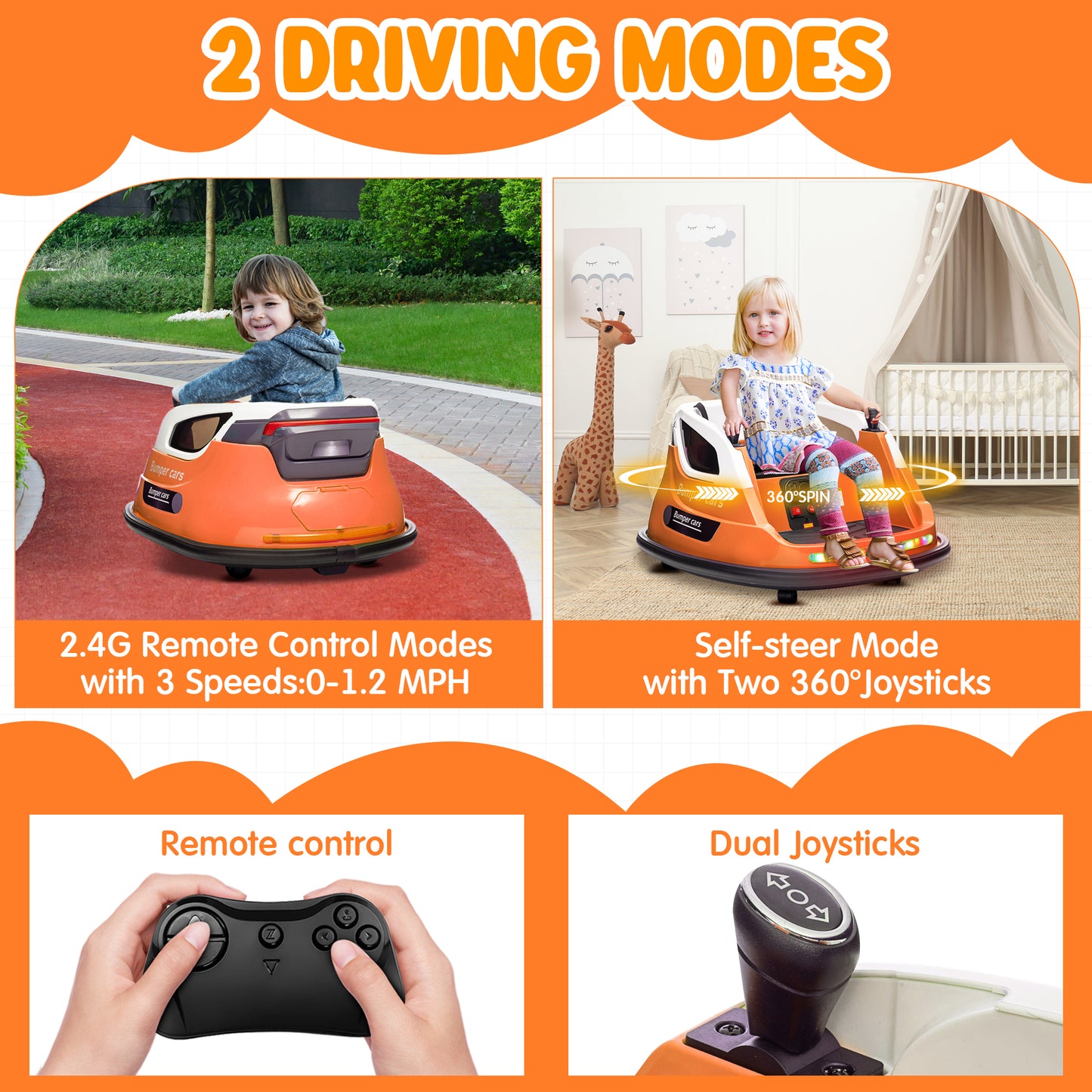 Joyracer 12V Kids Bumper Car for Toddler w/ Remote Control 3 Speeds, Electric Baby Bumper Car Ride on Toys with 7 Color Flashing Lights, 360 Spin, Volume Adjustable, USB/MP3 Music, 1.2 MPH Max, Orange