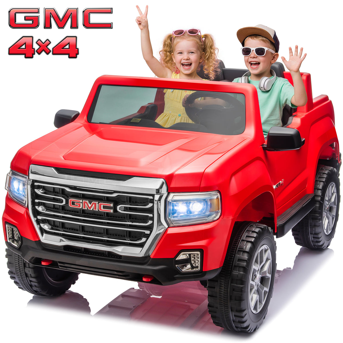 Joyracer 2 Seater 24 Volt Ride on Toys, Licensed GMC 4WD/2WD Switchable Ride on Car for Big Kids with Remote, Bluetooth, Fold Down Tailgate, Rear Storage