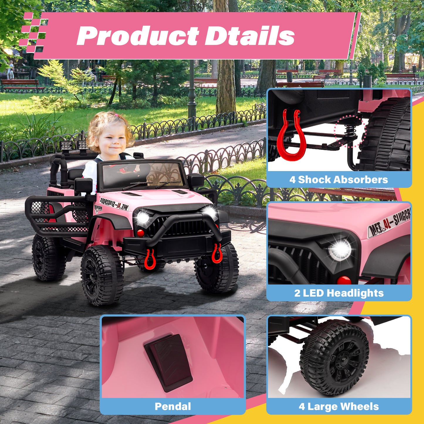 Joyracer 24V Kids Ride on Truck Car with Remote Control, 2* 200W Powered Toy Car up to 5 mph, Powered 4-Wheeler Toy w/ Spring Suspension, 3 Speeds, LED Lights, Bluetooth Music, Pink