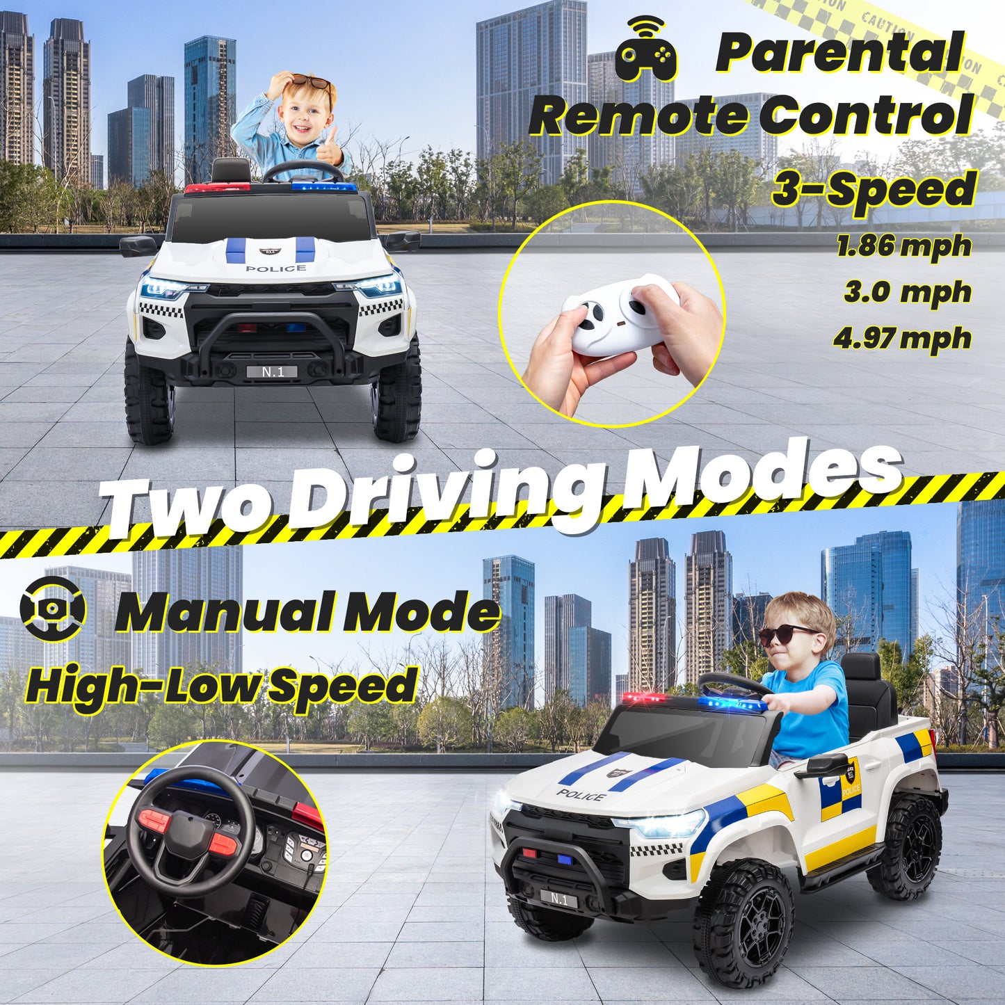 Joyracer 24V Electric Police Car w/ Walkie Talkie, 2 Seater Battery Powered Ride-on Toys w/ Remote, Cop Cars Ride on Truck Car, Siren Sound/Warning Lights, Music, Seat Belts, Kids Toys Gift, White