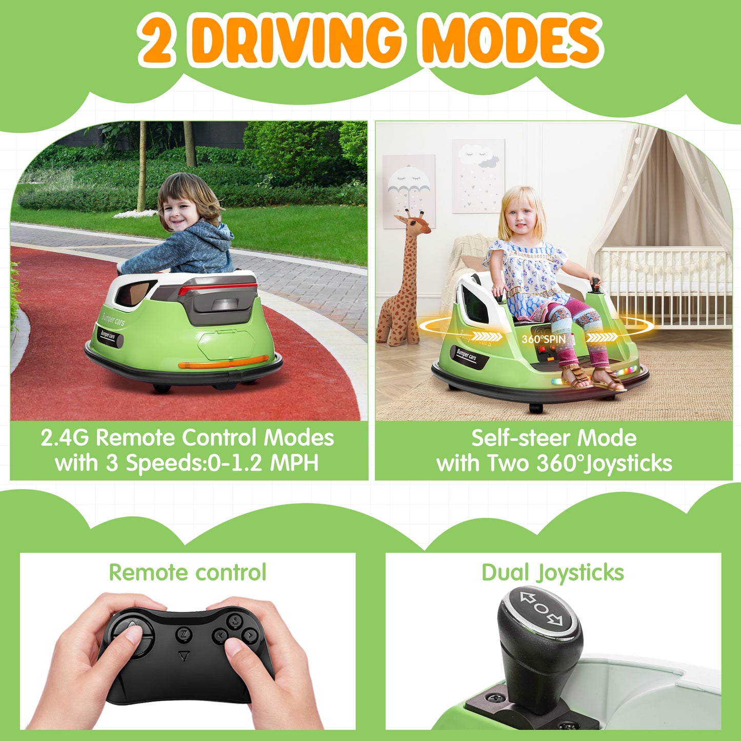 Joyracer 12V Kids Bumper Car for Toddler w/ Remote Control 3 Speeds, Electric Baby Bumper Car Ride on Toys with 7 Color Flashing Lights, 360 Spin, Volume Adjustable, USB/MP3 Music, 1.2 MPH Max, Green