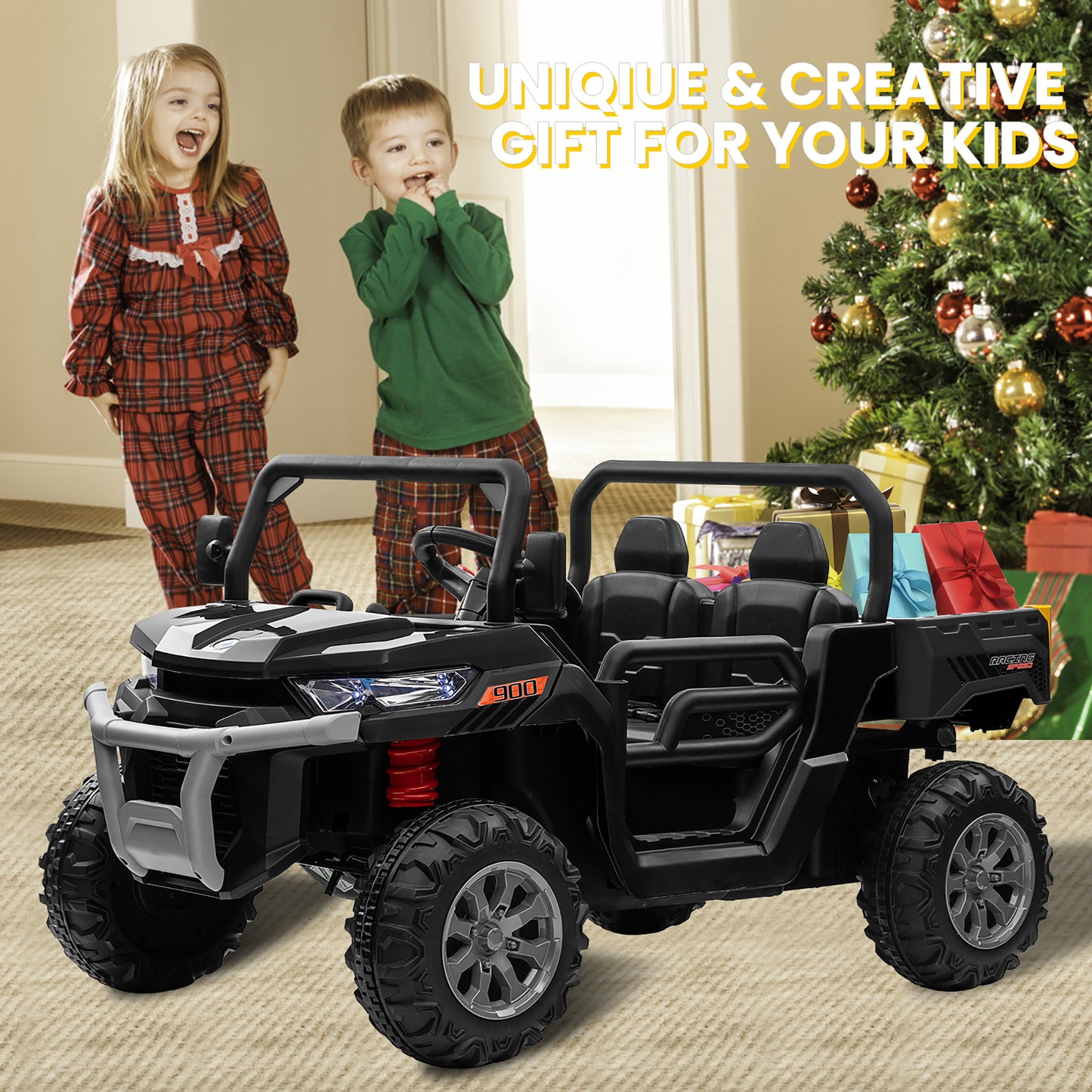 24V Kids Ride on Tractor with Remote Control, 2 Seater Ride on Truck for Kids Gift, 2x200W Motor, Electric Battery Powered Ride on Toy with Trailer & Shovel, Horn, MP3, Bluetooth Music, Black-623
