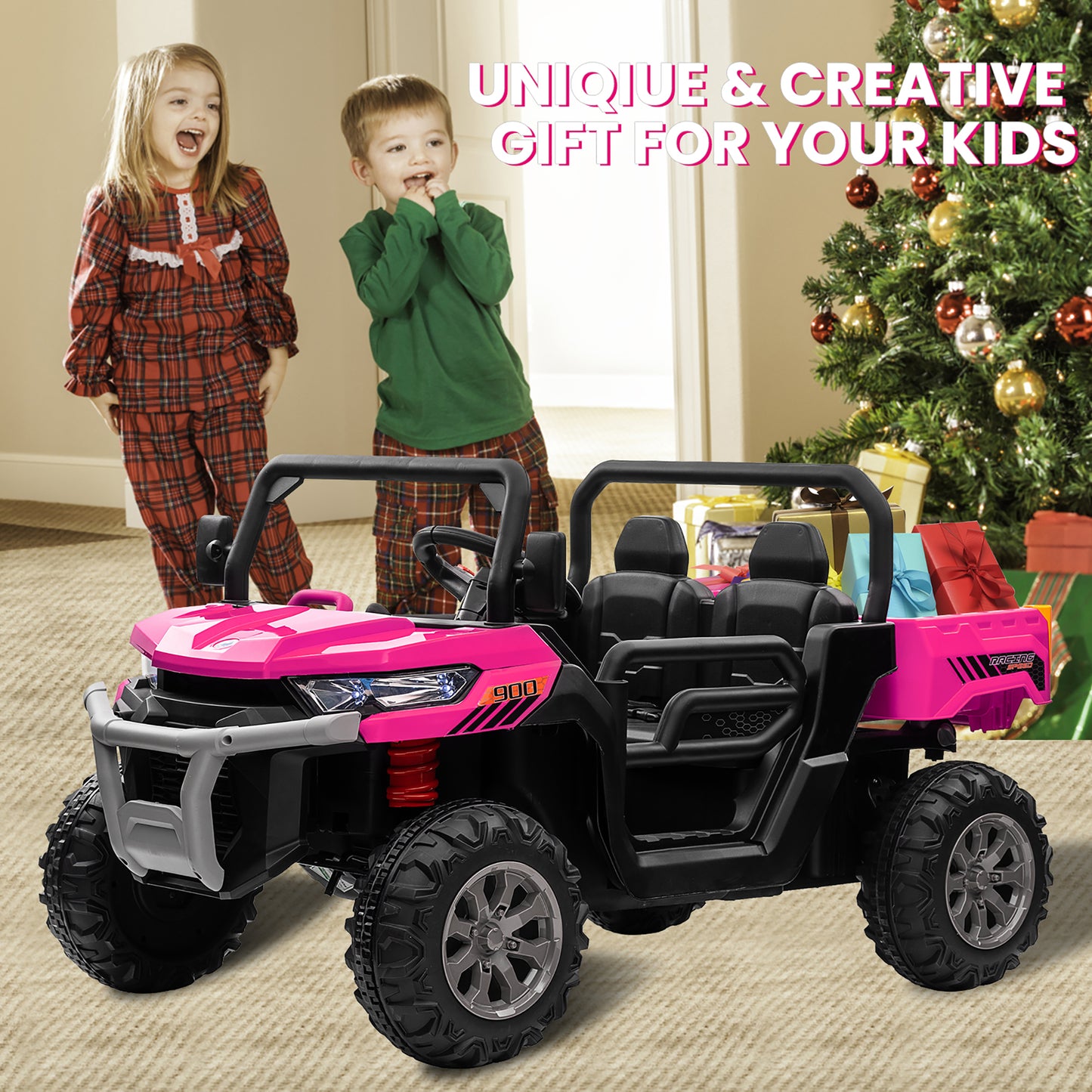 Joyracer 24V Ride on Toys UTV with Remote Control, Outdoor Electric Cars for Kids, 2 Seater Powered Ride on Dump Truck w/ Trailer, Shovel, 3 Speeds, Music, Big Kids, Pink