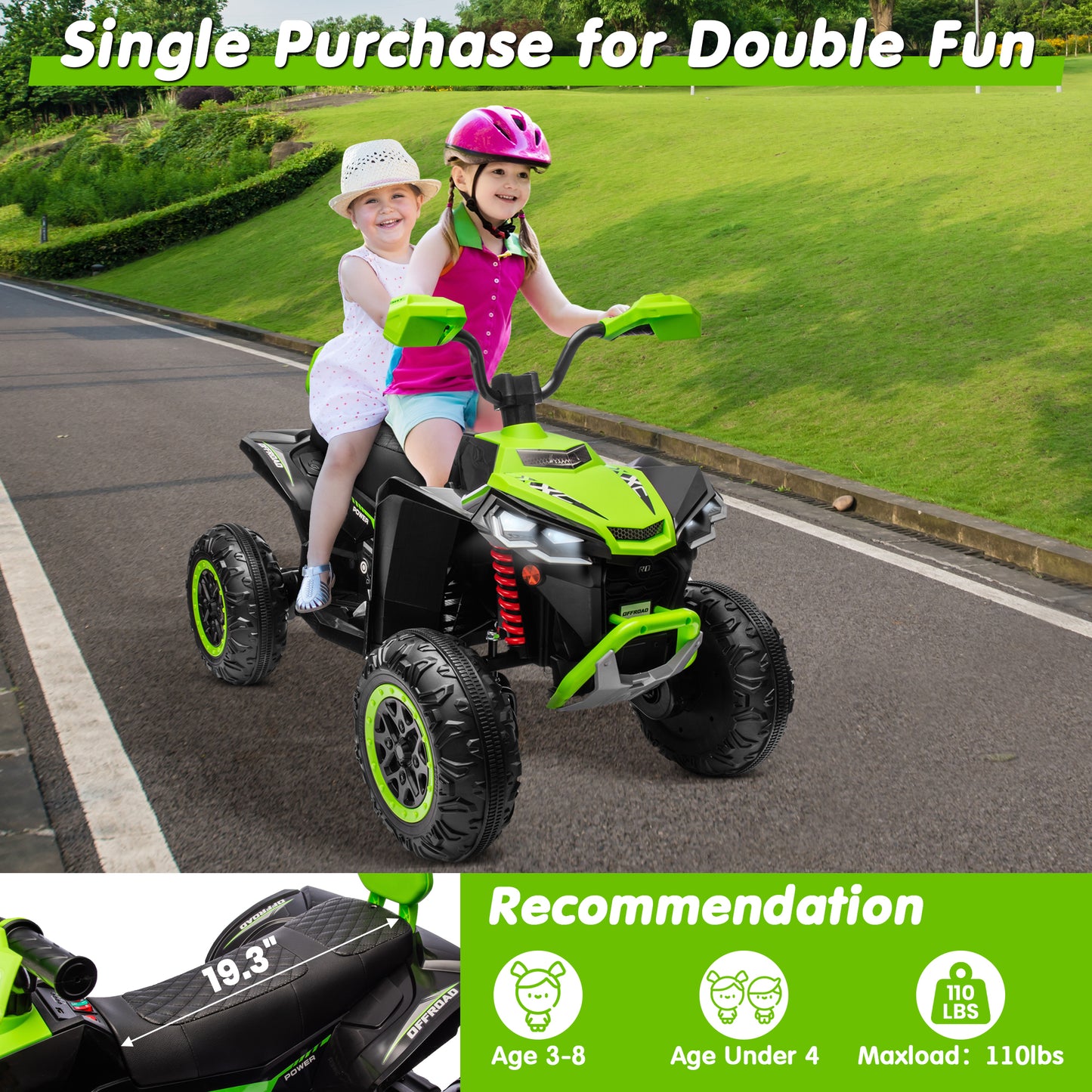 Joyracer 24V 4x4 Kids ATV Electric 4-Wheeler with Leather-Seater, 24 Volt Ride on Toys for Big Kids w/ Kneepads, 4x200W Motors, Bluetooth Music, Green