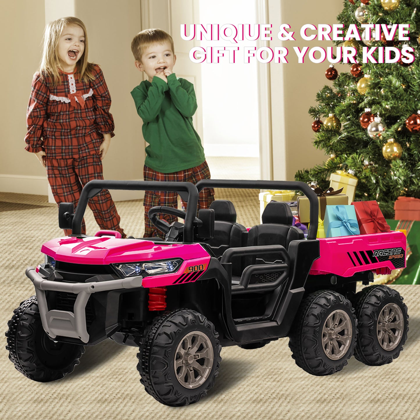 24V 2 Seater Kids Ride on Truck Car, 4WD Electric Powered Ride on Tractor with Trailer Remote Control
