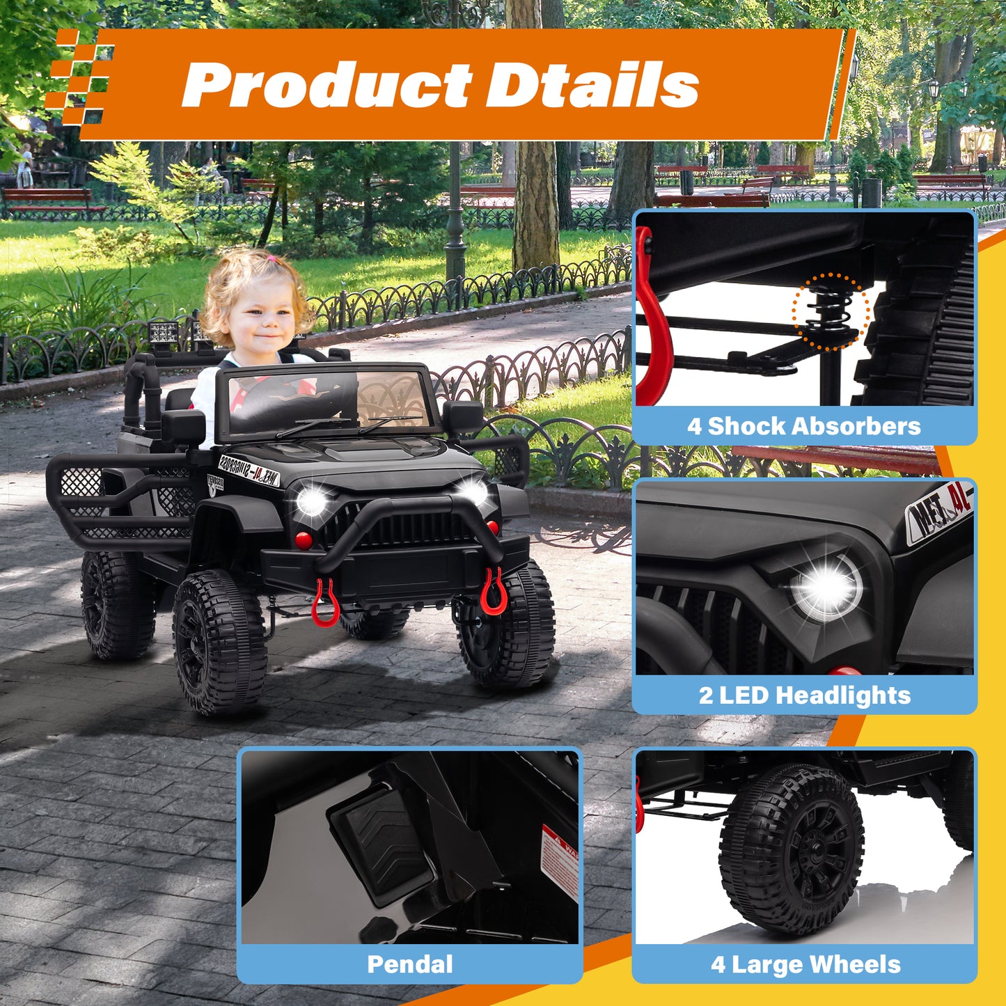 Joyracer 24V Kids Ride on Truck Car with Remote Control, 2* 200W Powered Toy Car up to 5 mph, Powered 4-Wheeler Toy w/ Spring Suspension, 3 Speeds, LED Lights, Bluetooth Music, Black