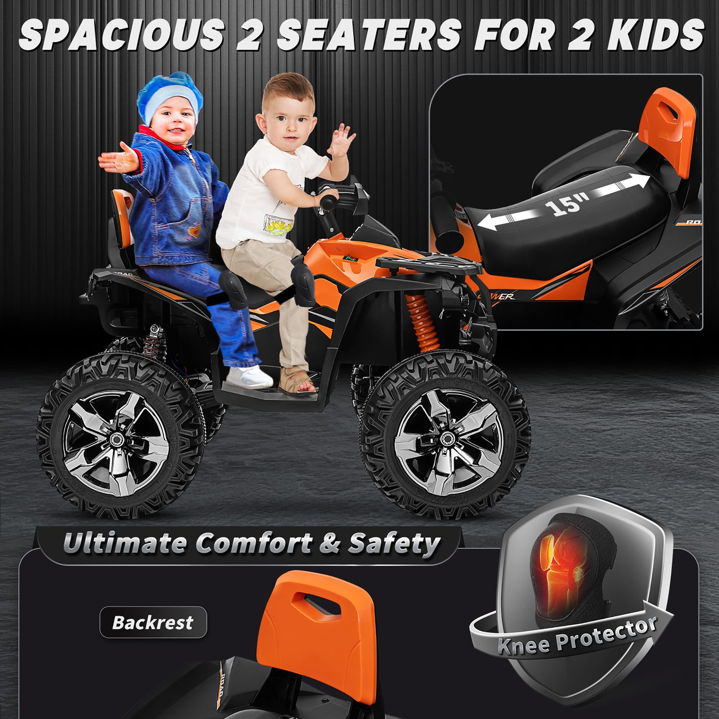 24V Kids Ride on ATV with 2 Seater, 4WD 4-Wheeler Quad Electric Car Toy w/ 4x200W Powerful Motor, High/Low Speed, Bluetooth, Radio, Music, LED Light for Boys & Girls Gift, Orange