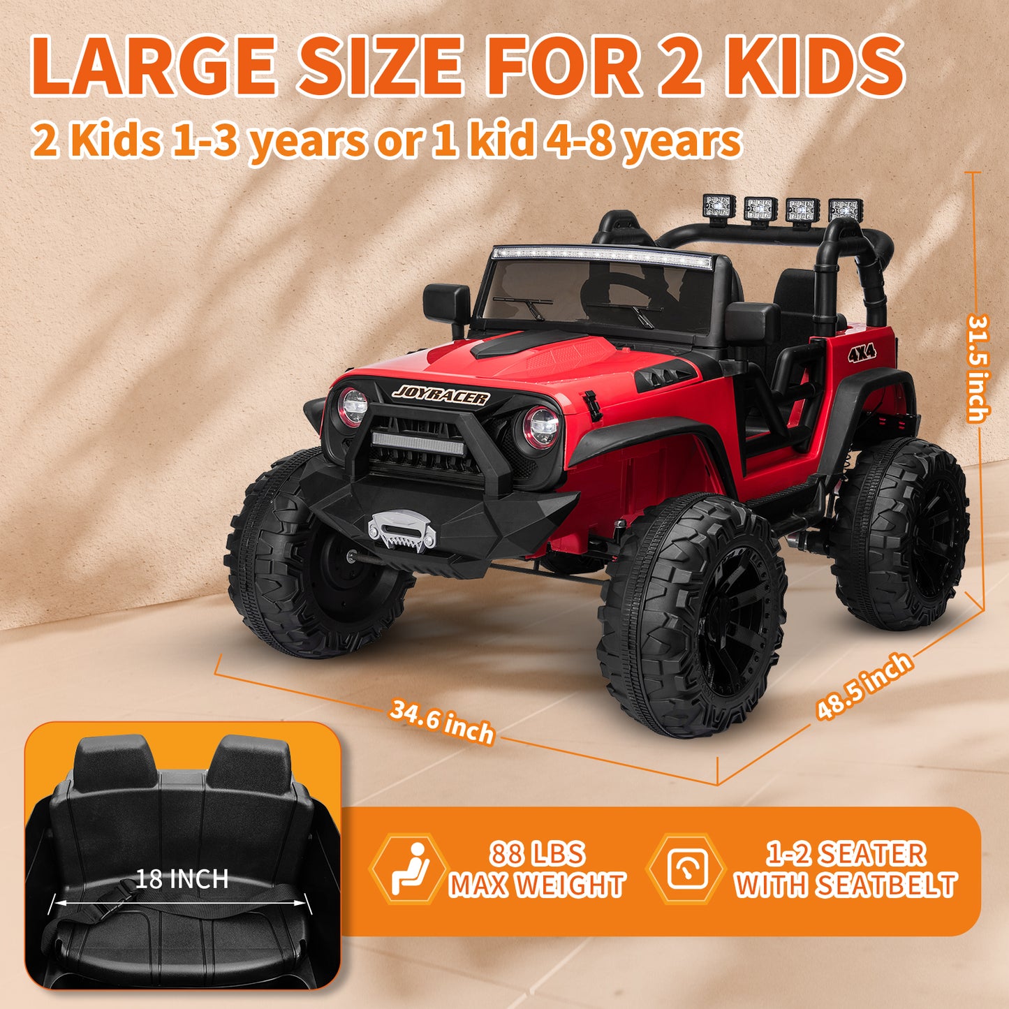 24V Kids Ride on Truck with 2 Seater Remote Control, 4WD Ride on Toy w/ 4*200W Motors 9AH Battery Powered Electric Car, 3 Speeds, Spring Suspension, LED Lights, Bluetooth Music, Red