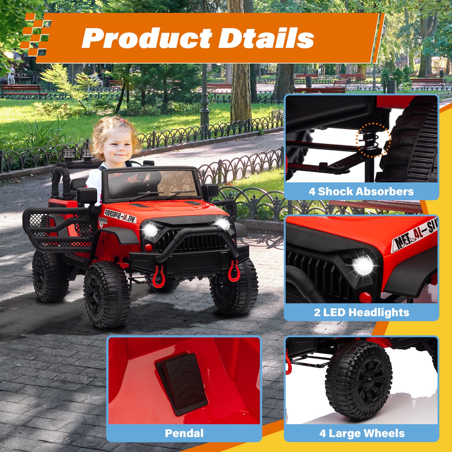 Joyracer 24V Kids Ride on Truck Car with Remote Control, 2* 200W Powered Toy Car up to 5 mph, Powered 4-Wheeler Toy w/ Spring Suspension, 3 Speeds, LED Lights, Bluetooth Music, Red