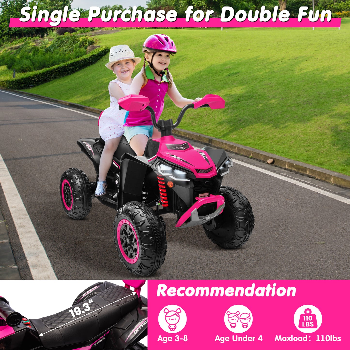 Joyracer 24V 4x4 Kids ATV Electric 4-Wheeler with Leather-Seater, 24 Volt Ride on Toys for Big Kids w/ Kneepads, 4x200W Motors, Bluetooth Music,Pink