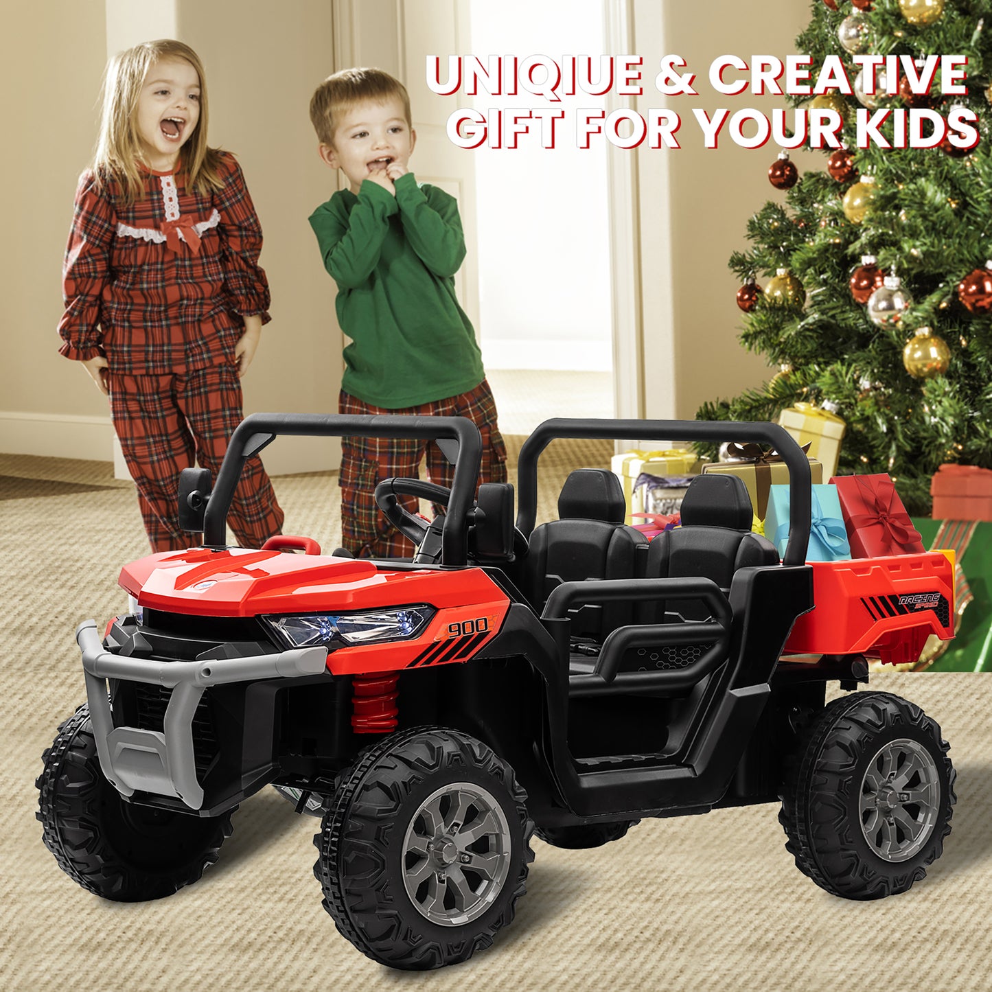 24V Kids Ride on Tractor with Remote Control, 2 Seater Ride on Truck for Kids Gift, 2x200W Motor, Electric Battery Powered Ride on Toy with Trailer & Shovel, Horn, MP3, Bluetooth Music, Red-623