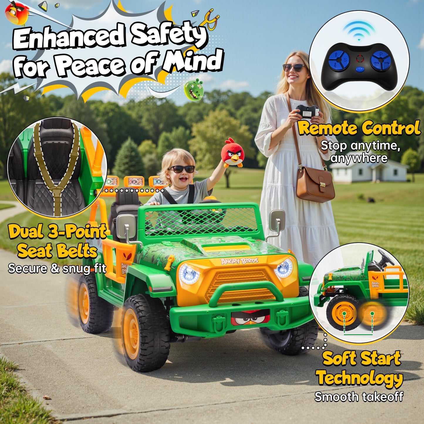 Joyracer 24 Volt Ride on Toys for Big Kids, Licensed Angry Birds Powered Ride on Truck with Remote Control, 2 Seater 4WD Ride ons with Shovel, Bluetooth, Lights, Electric Car for 3-8, 130lbs
