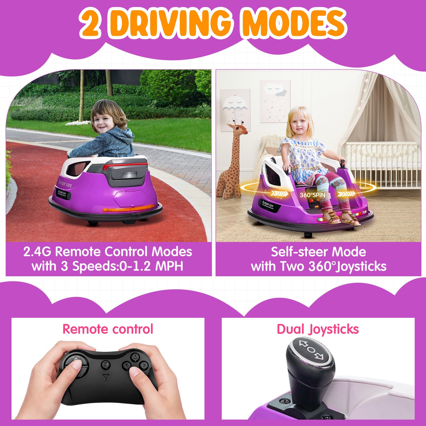 Joyracer 12V Kids Bumper Car for Toddler w/ Remote Control 3 Speeds, Electric Baby Bumper Car Ride on Toys with 7 Color Flashing Lights, 360 Spin, Volume Adjustable, USB/MP3 Music, 1.2 MPH Max, Purple