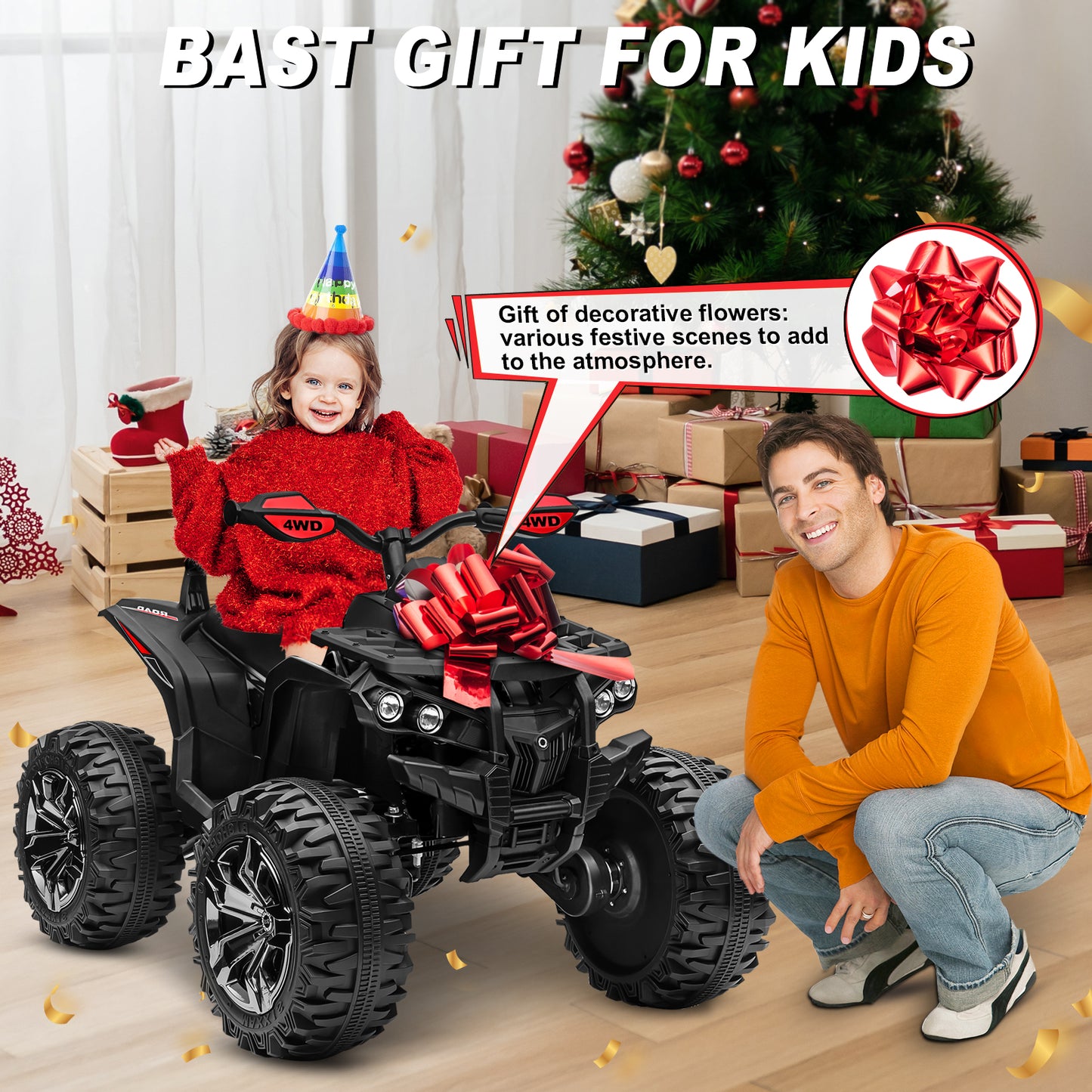 Joyracer 4x4 24V Kids Ride on ATV with 2 Seater, off-Road 4-Wheeler Quad Electric Car w/ 4x200W Motor, Ride on Toys w/ High/Low Speed, Bluetooth/MP3, Horn, Music, LED Light for Big Kids Gift, Black no RC-3288zhu
