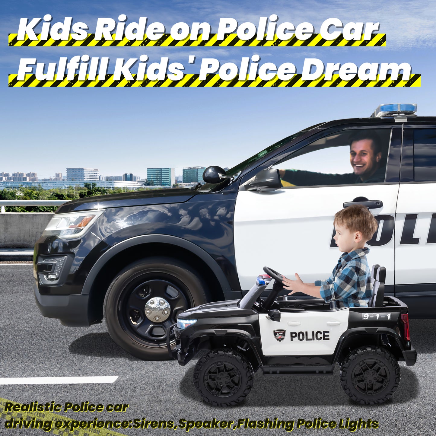 2-Seater Electric Police Car, 24V Ride on Toys w/ Remote, Intercom, Siren, Music, Age 3-8 Yrs, Black-604
