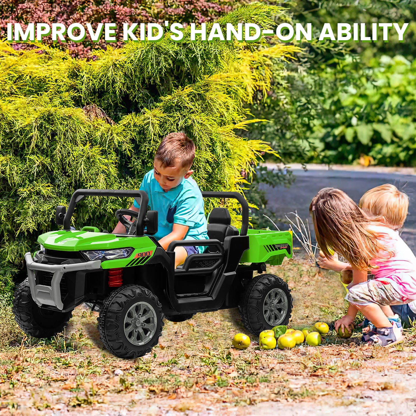 Joyracer 24V Ride on Toys UTV with Remote Control, Outdoor Electric Cars for Kids, 2 Seater Powered Ride on Dump Truck w/ Trailer, Shovel, 3 Speeds, Music, Big Kids, Green