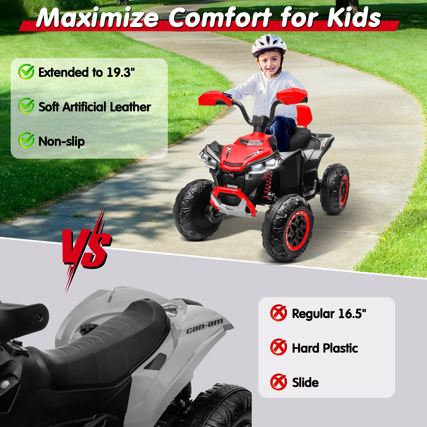 Joyracer 24V 4x4 Kids ATV Electric 4-Wheeler with Leather-Seater, 24 Volt Ride on Toys for Big Kids w/ Kneepads, 4x200W Motors, Bluetooth Music, Red