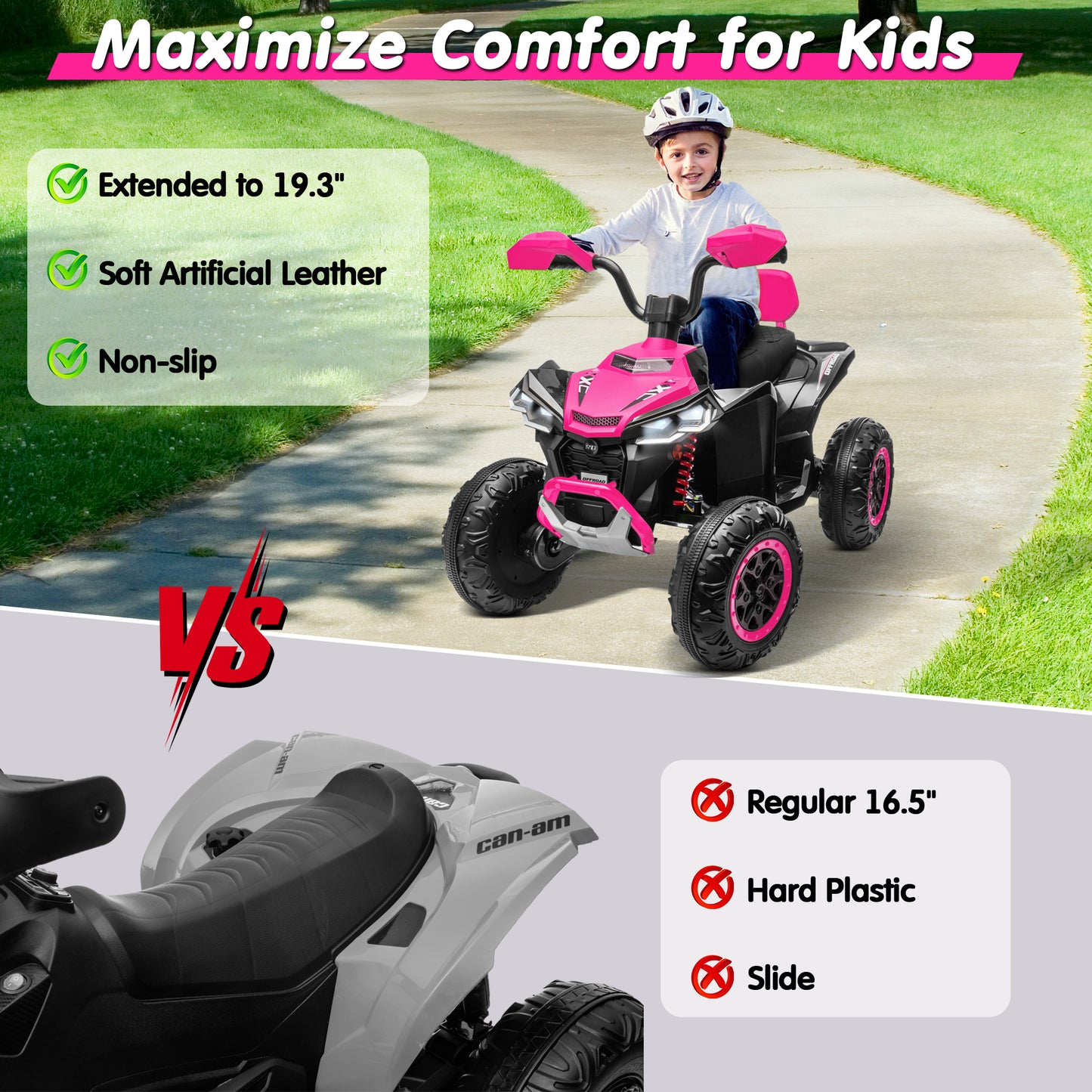 Joyracer 24V 4x4 Kids ATV Electric 4-Wheeler with Leather-Seater, 24 Volt Ride on Toys for Big Kids w/ Kneepads, 4x200W Motors, Bluetooth Music,Pink