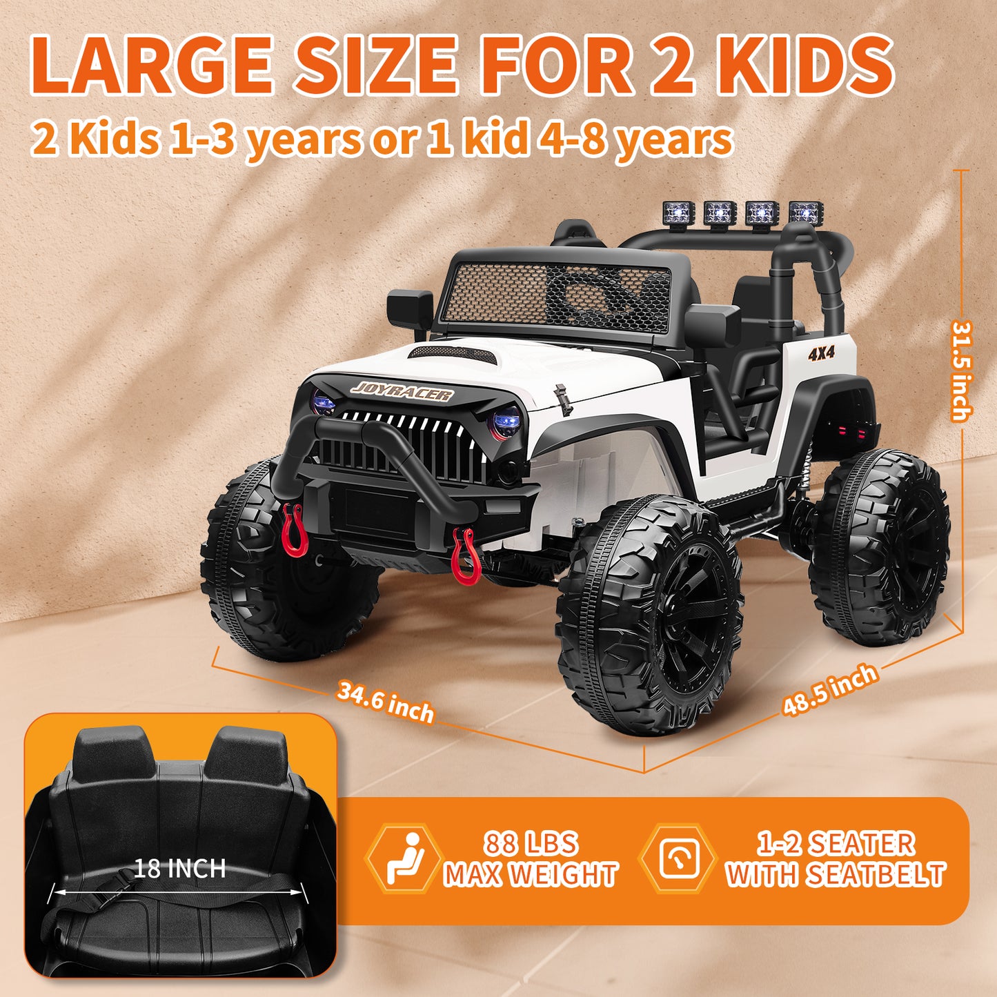 24V 4WD Kids Ride On Truck with Remote Control, 2 Seater Ride On Off-Road Toy Car w/ 4x200W Motors, 9AH Battery Powered Electric Vehicle, Spring Suspension, 3 Speeds, LED Lights, Bluetooth MP3 Music, White