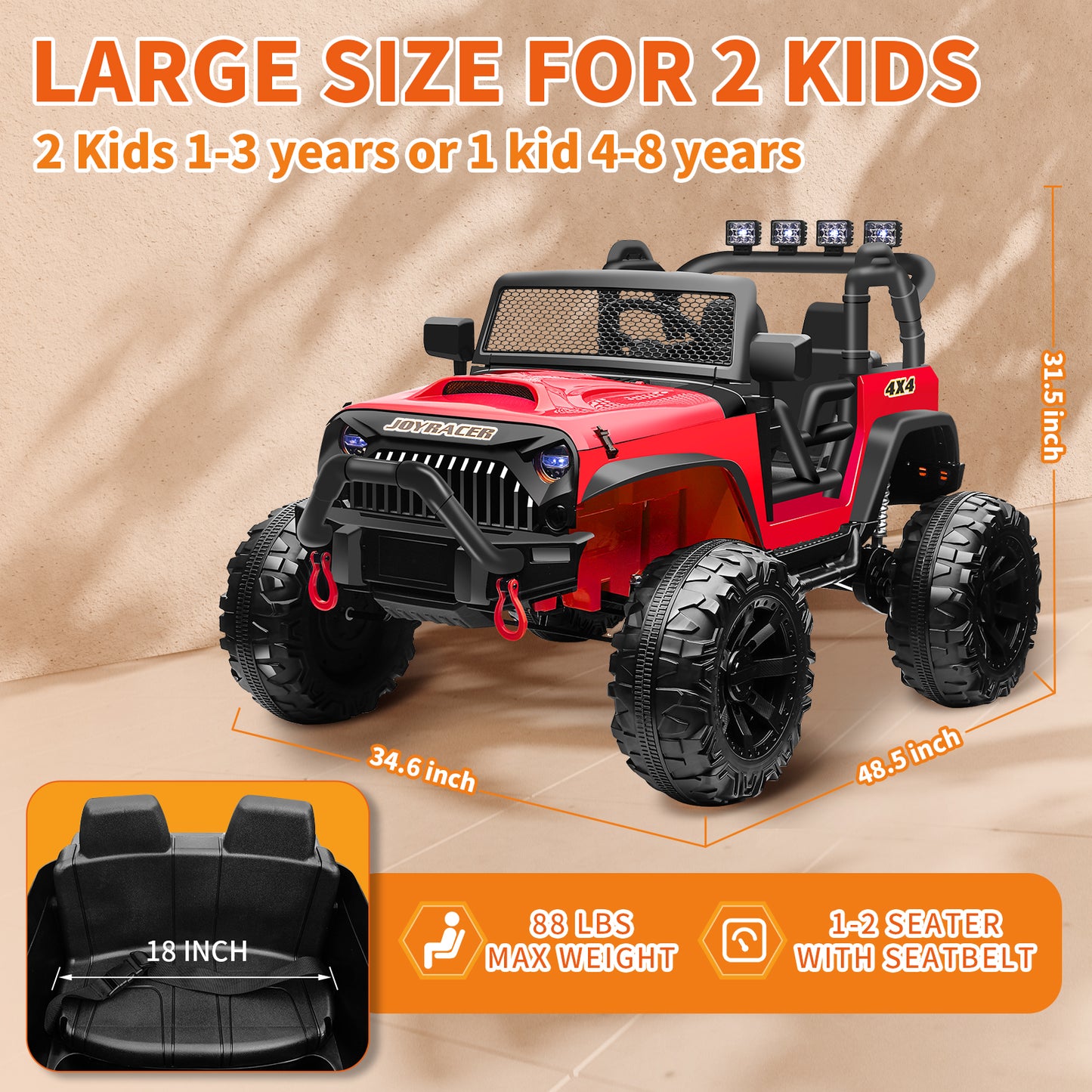 24V 4WD Kids Ride On Truck with Remote Control, 2 Seater Ride On Off-Road Toy Car w/ 4x200W Motors, 9AH Battery Powered Electric Vehicle, Spring Suspension, 3 Speeds, LED Lights, Bluetooth MP3 Music, Red