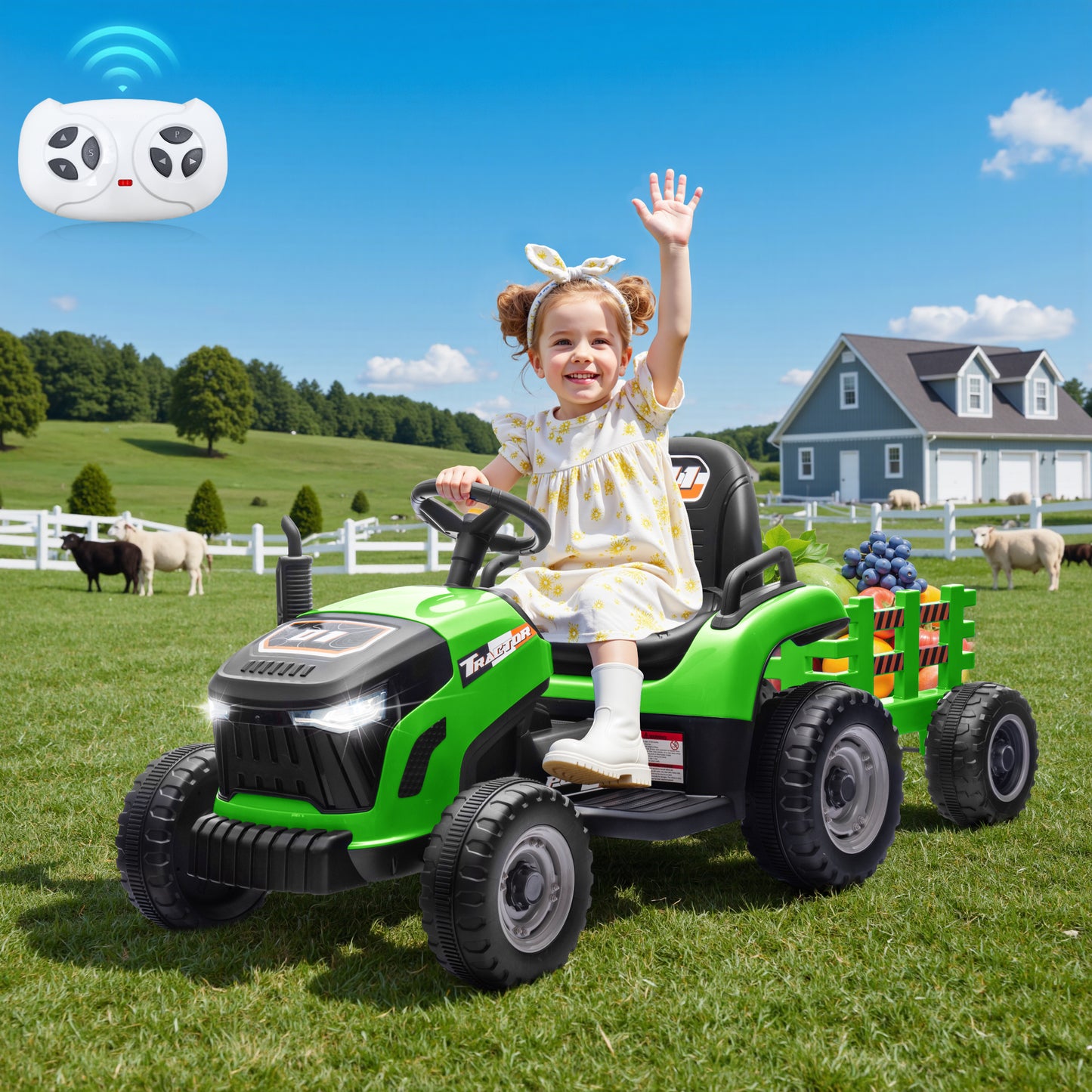 Joyracer Ride on Tractor, 24 Volt Ride on Toys with Remote Control, Outdoor Electric Cars Toddlers, Kids Power Car Wheels Ride on Dump Truck w/ Trailer, 3 Speeds, Music, 0728