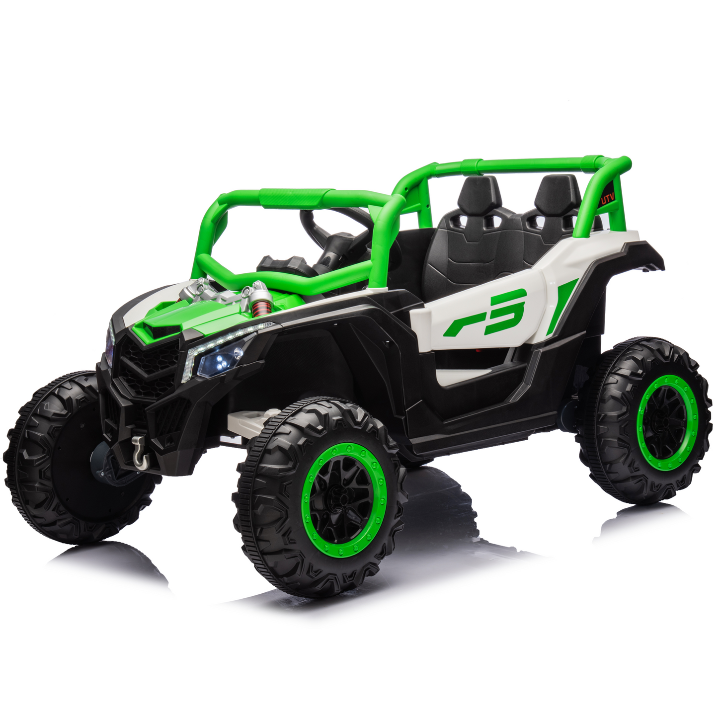 Joyracer 24V Ride on Car w/ Remote Control, 4WD Powered Electric Off-Road UTV with 4*200W Motors, Larger Seat 4 Wheeler with LED Light, Bluetooth, Music, Spring Suspension, 3 Speeds, Green
