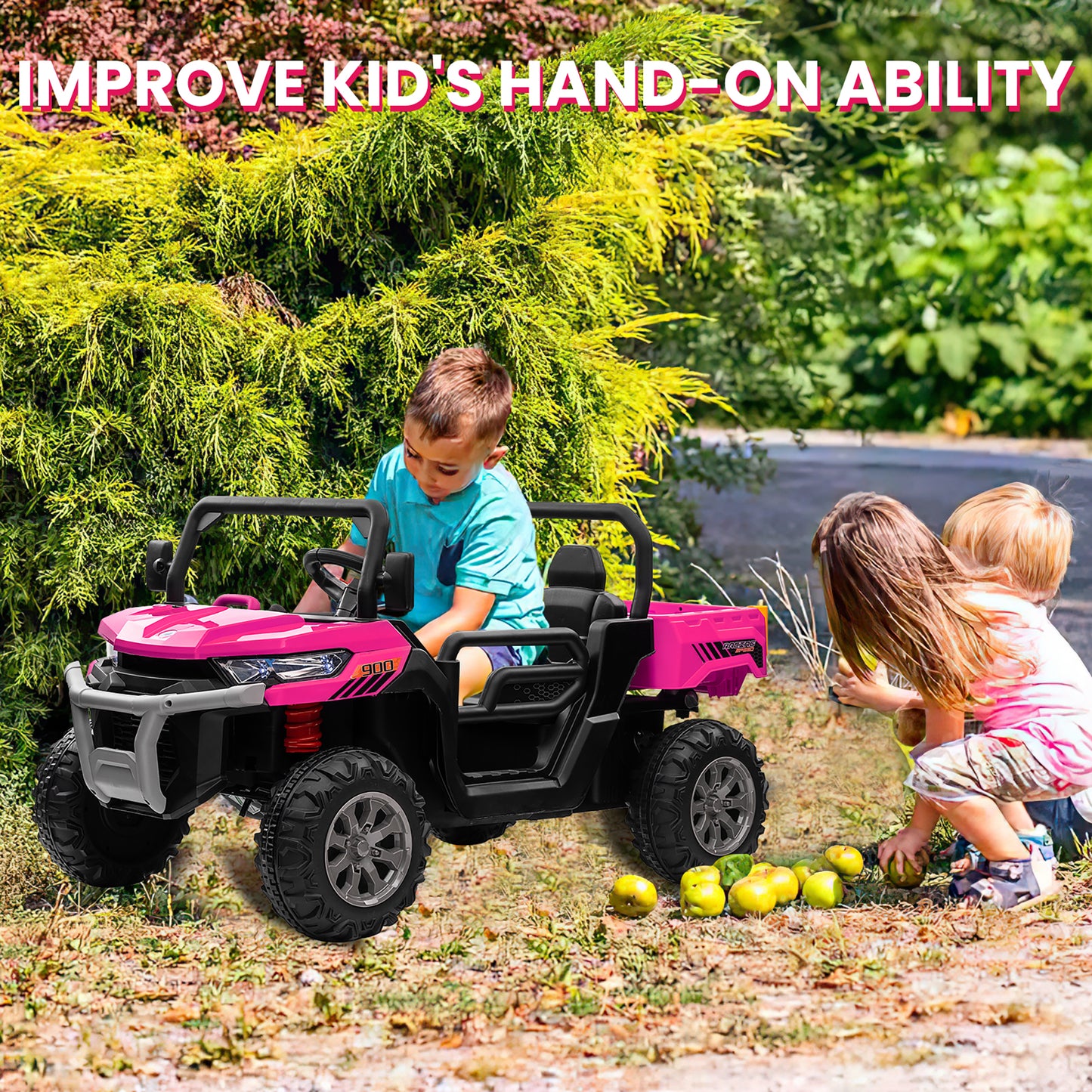 Joyracer 24V Ride on Toys UTV with Remote Control, Outdoor Electric Cars for Kids, 2 Seater Powered Ride on Dump Truck w/ Trailer, Shovel, 3 Speeds, Music, Big Kids, Pink
