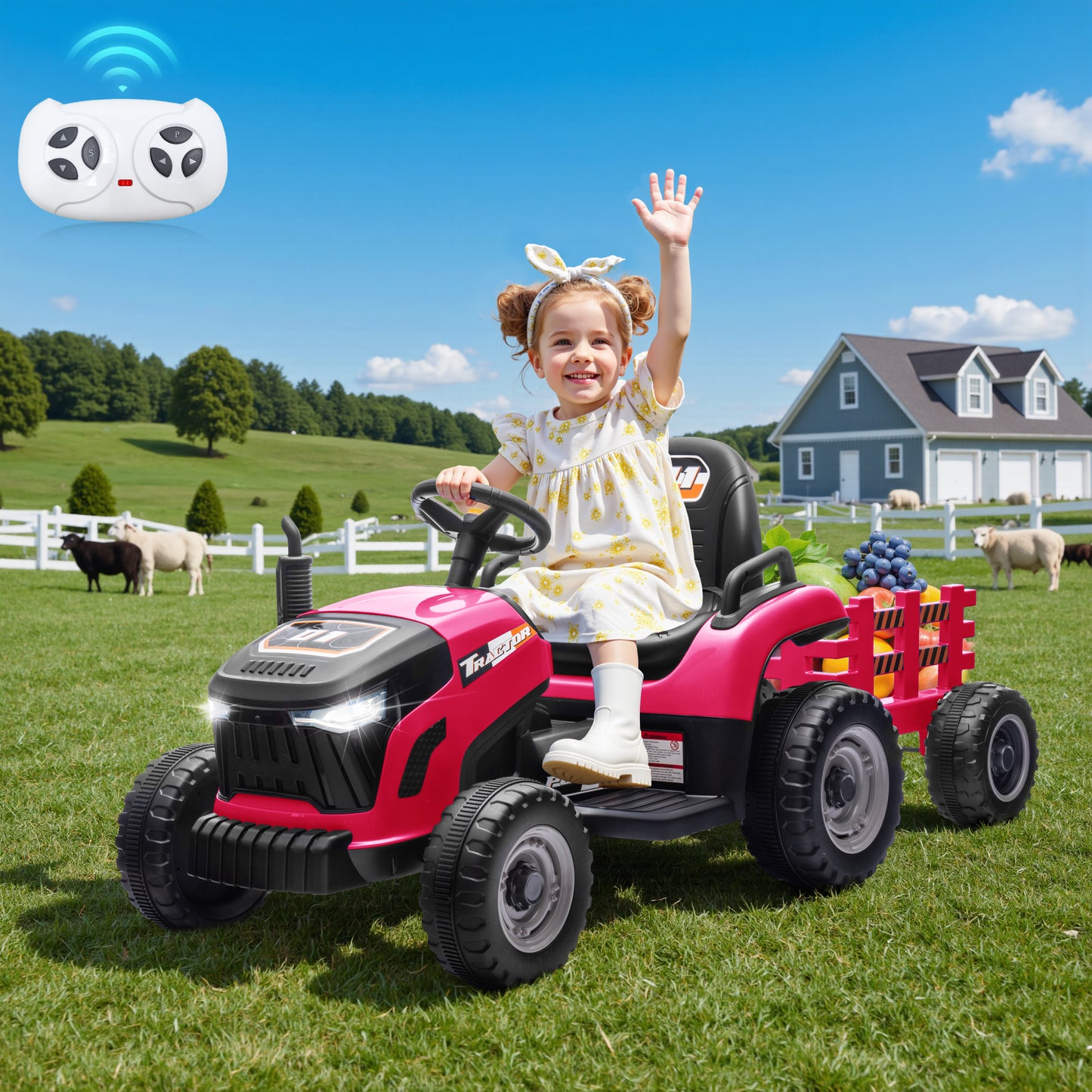 Joyracer Ride on Tractor, 24 Volt Ride on Toys with Remote Control, Outdoor Electric Cars Toddlers, Kids Power Car Wheels Ride on Dump Truck w/ Trailer, 3 Speeds, Music, 0728