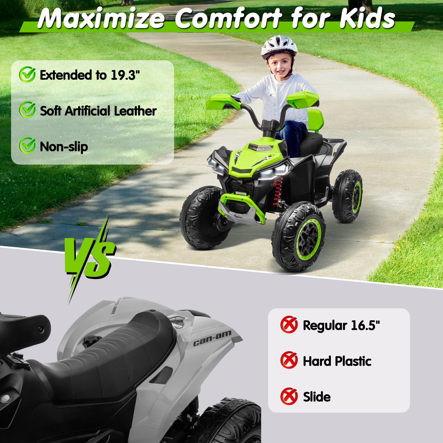 Joyracer 24V 4x4 Kids ATV Electric 4-Wheeler with Leather-Seater, 24 Volt Ride on Toys for Big Kids w/ Kneepads, 4x200W Motors, Bluetooth Music, Green