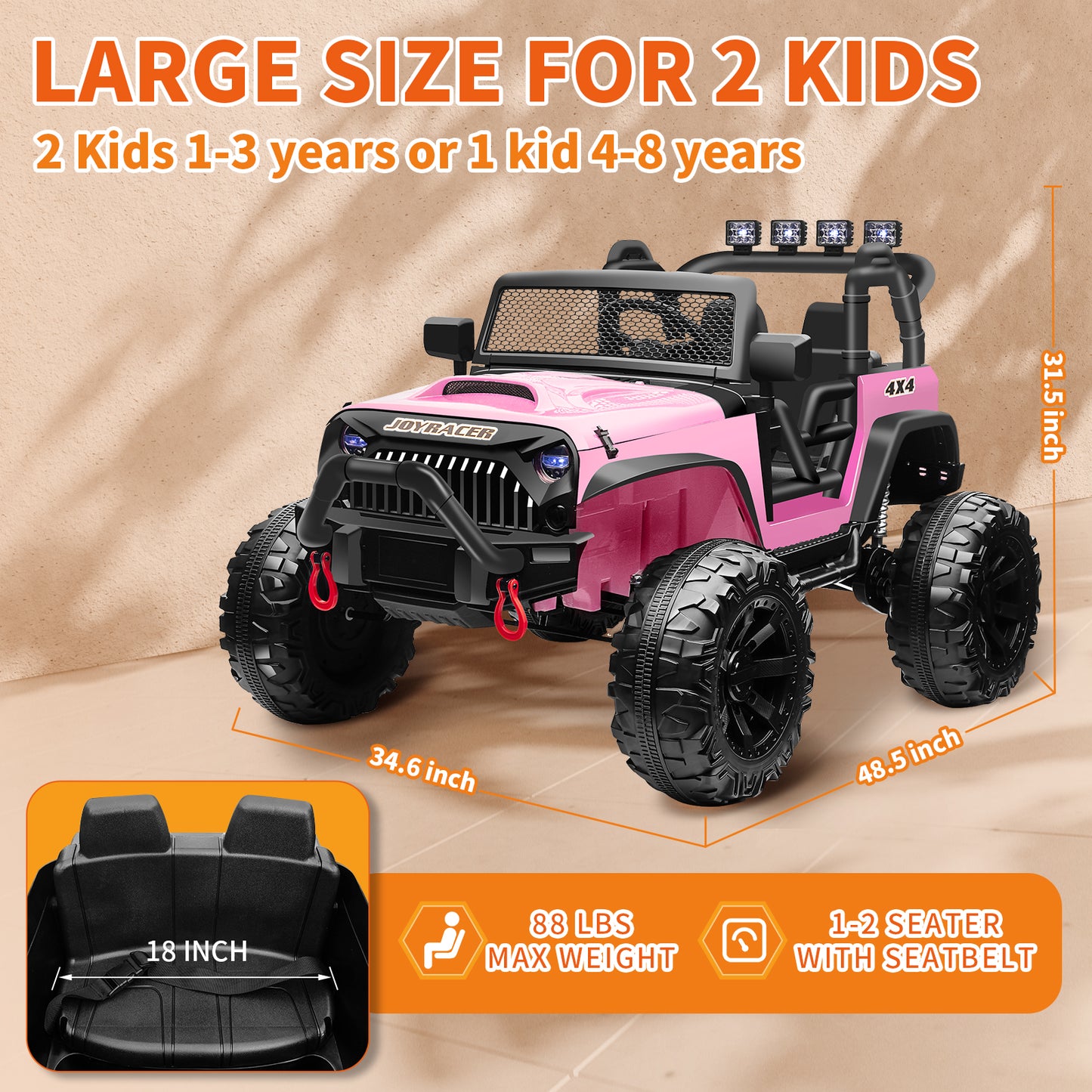 24V 4WD Kids Ride On Truck with Remote Control, 2 Seater Ride On Off-Road Toy Car w/ 4x200W Motors, 9AH Battery Powered Electric Vehicle, Spring Suspension, 3 Speeds, LED Lights, Bluetooth MP3 Music, Pink