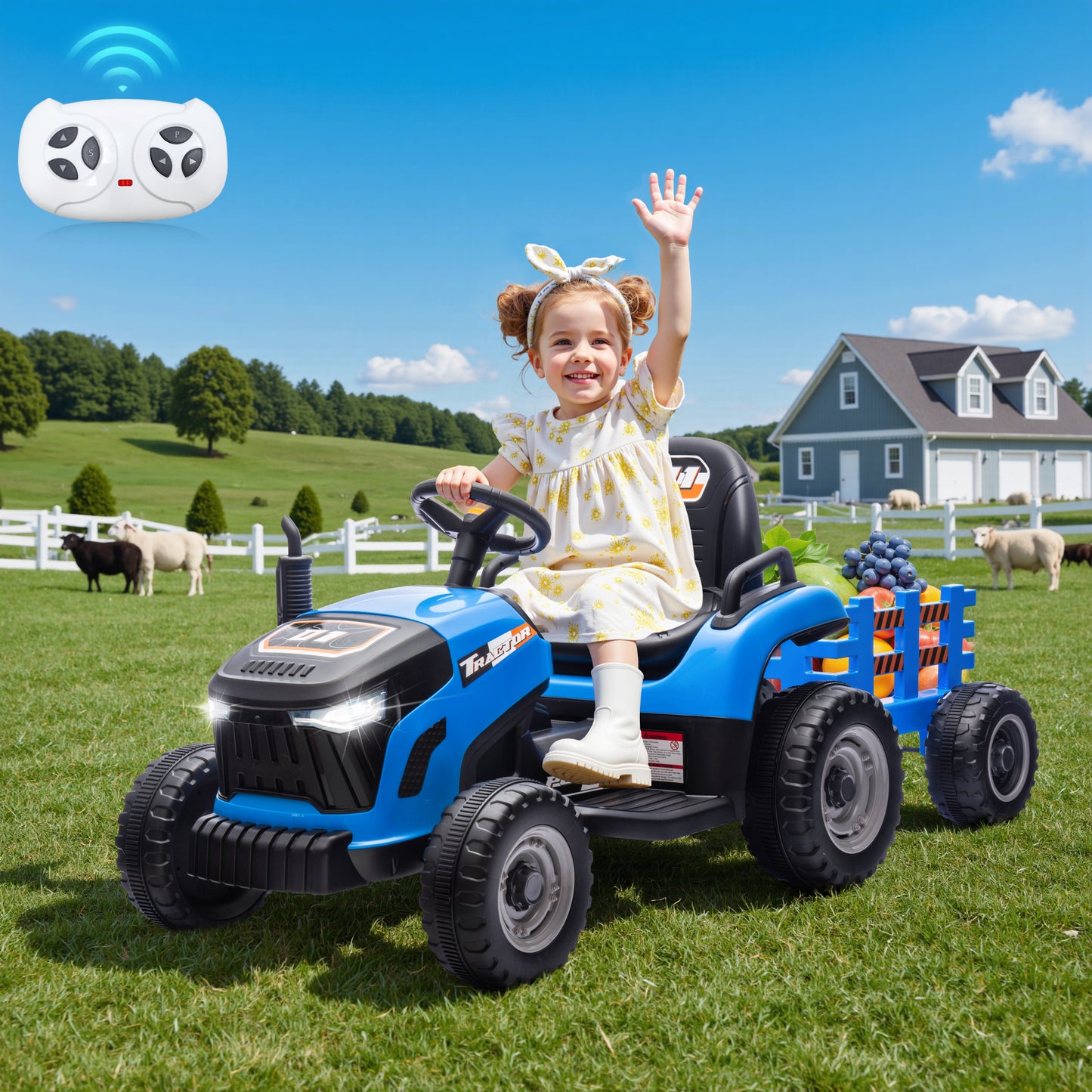 Joyracer Ride on Tractor, 24 Volt Ride on Toys with Remote Control, Outdoor Electric Cars Toddlers, Kids Power Car Wheels Ride on Dump Truck w/ Trailer, 3 Speeds, Music, 0728