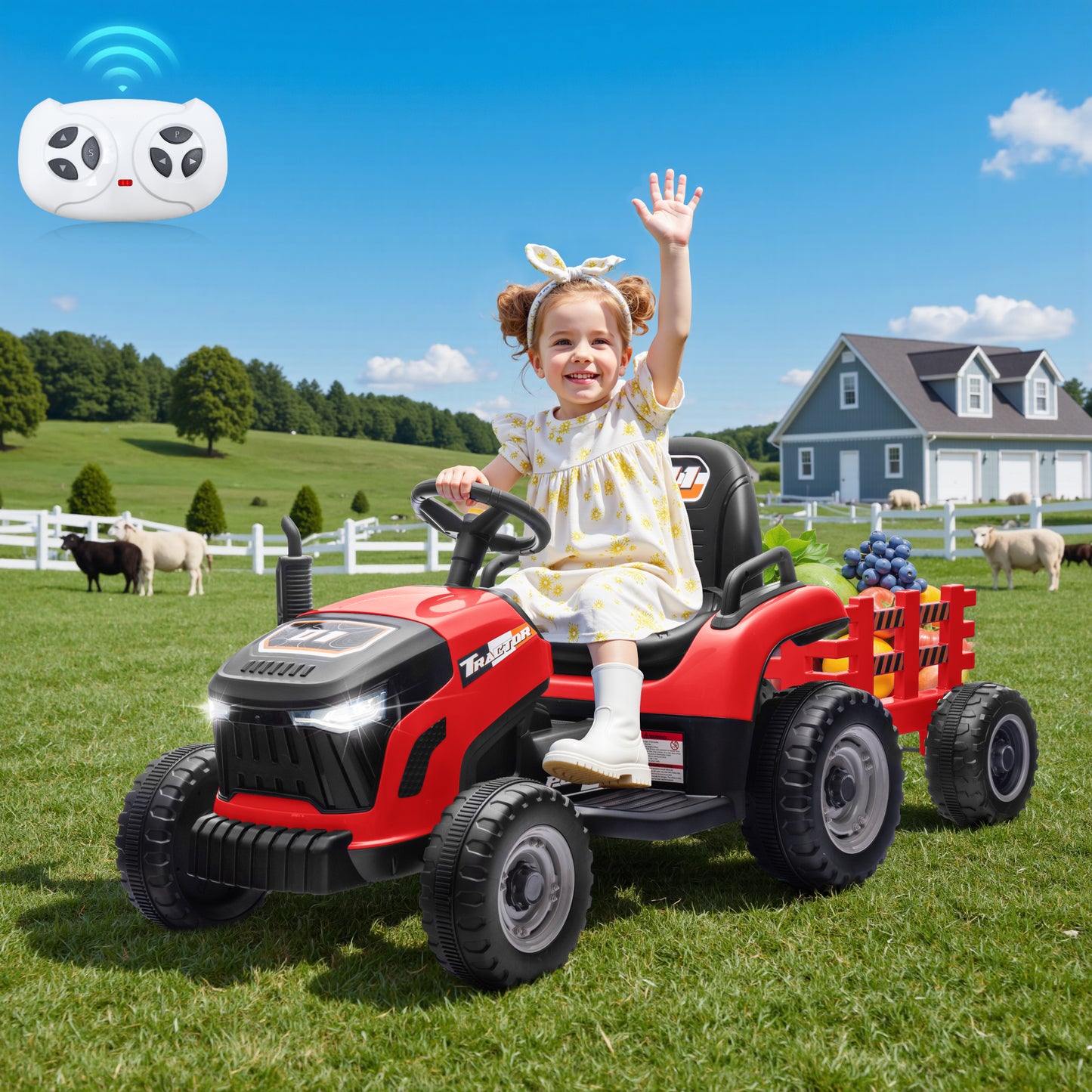 Joyracer Ride on Tractor, 24 Volt Ride on Toys with Remote Control, Outdoor Electric Cars Toddlers, Kids Power Car Wheels Ride on Dump Truck w/ Trailer, 3 Speeds, Music, 0728