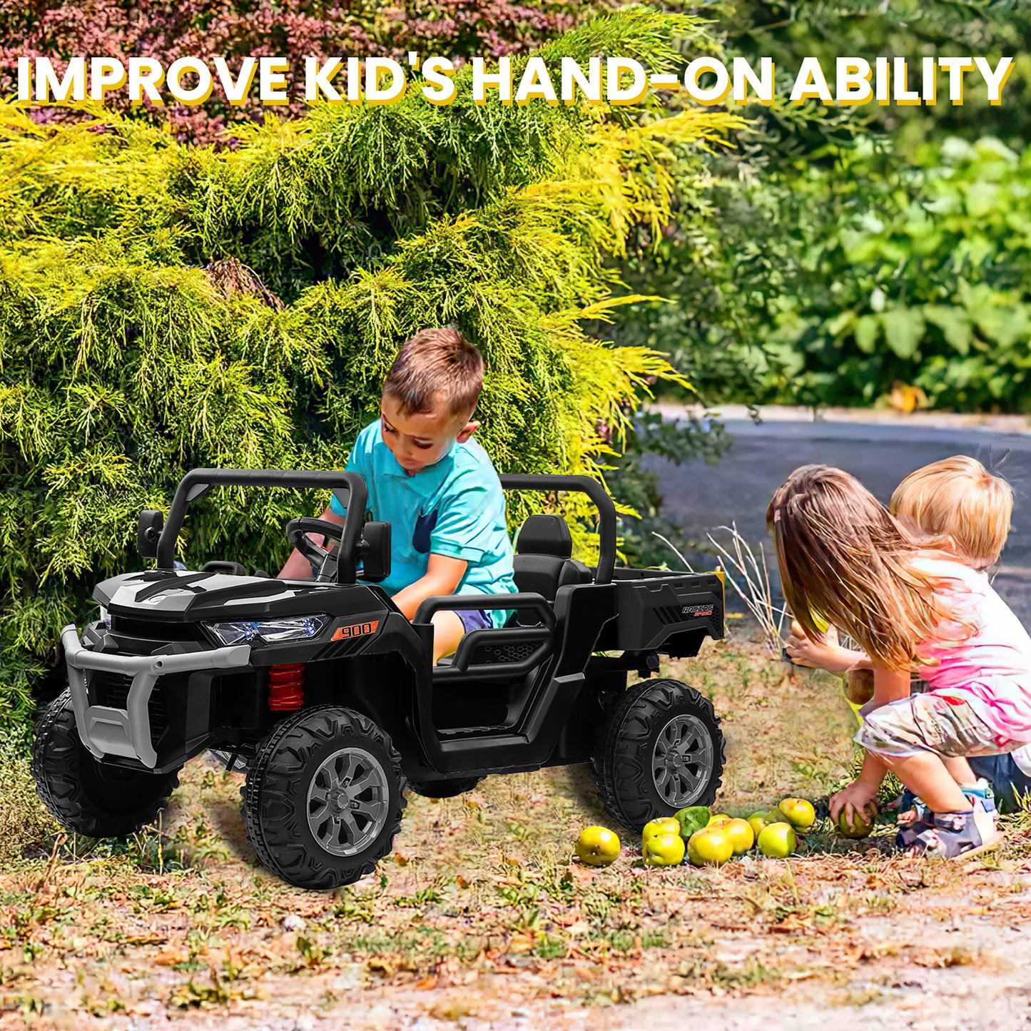 24V Kids Ride on Tractor with Remote Control, 2 Seater Ride on Truck for Kids Gift, 2x200W Motor, Electric Battery Powered Ride on Toy with Trailer & Shovel, Horn, MP3, Bluetooth Music, Black-623