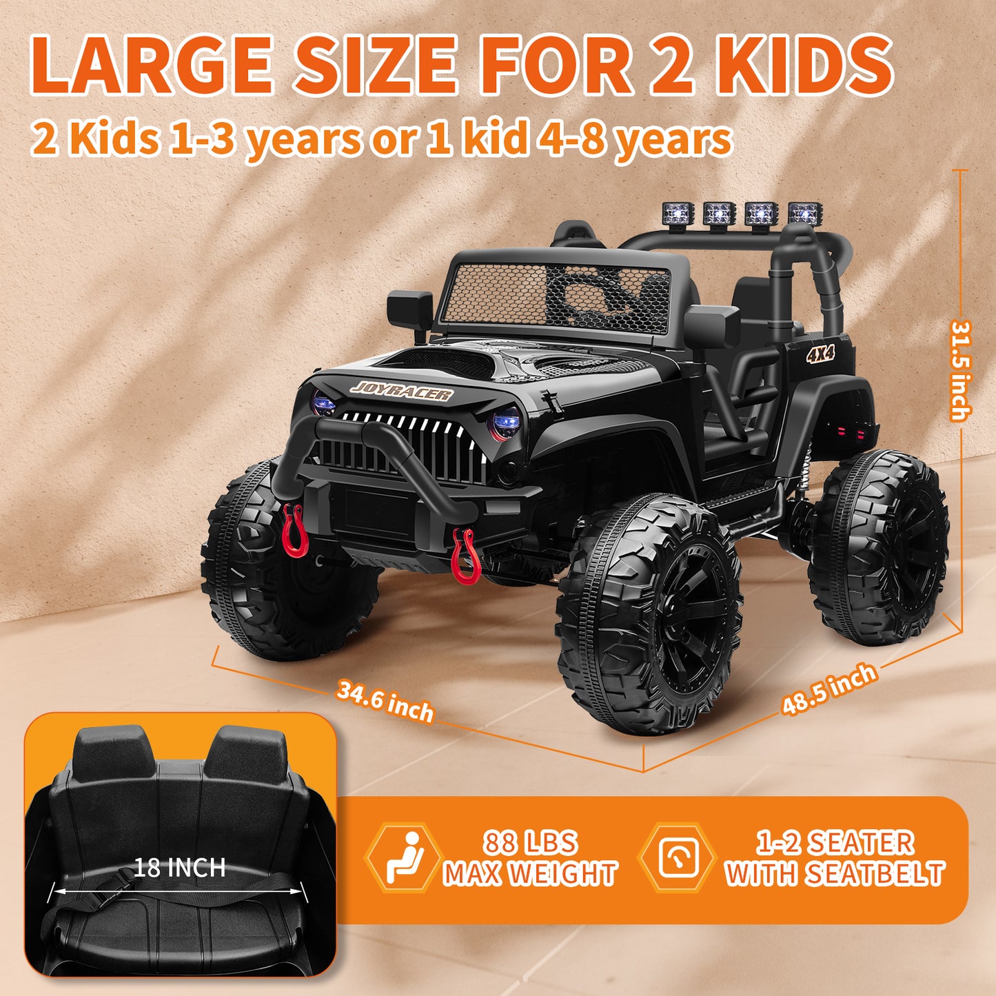 24V 4WD Kids Ride On Truck with Remote Control, 2 Seater Ride On Off-Road Toy Car w/ 4x200W Motors, 9AH Battery Powered Electric Vehicle, Spring Suspension, 3 Speeds, LED Lights, Bluetooth MP3 Music, Black