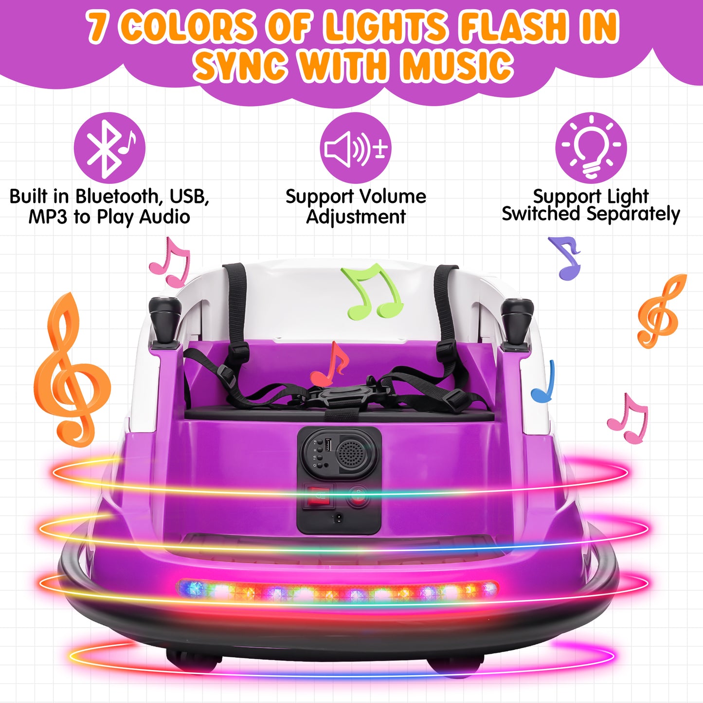 Joyracer 12V Kids Bumper Car for Toddler w/ Remote Control 3 Speeds, Electric Baby Bumper Car Ride on Toys with 7 Color Flashing Lights, 360 Spin, Volume Adjustable, USB/MP3 Music, 1.2 MPH Max, Purple