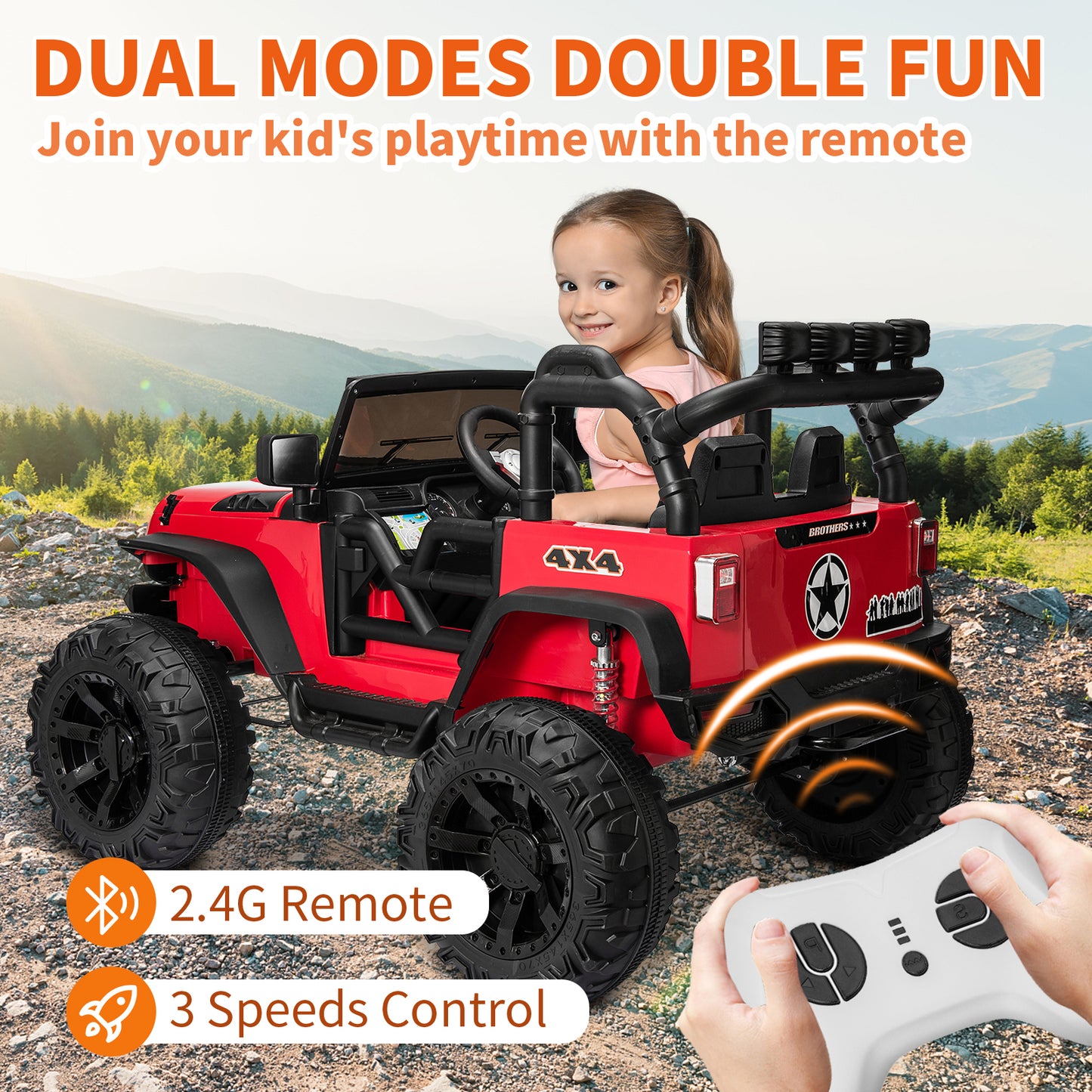 24V Kids Ride on Truck with 2 Seater Remote Control, 4WD Ride on Toy w/ 4*200W Motors 9AH Battery Powered Electric Car, 3 Speeds, Spring Suspension, LED Lights, Bluetooth Music, Red