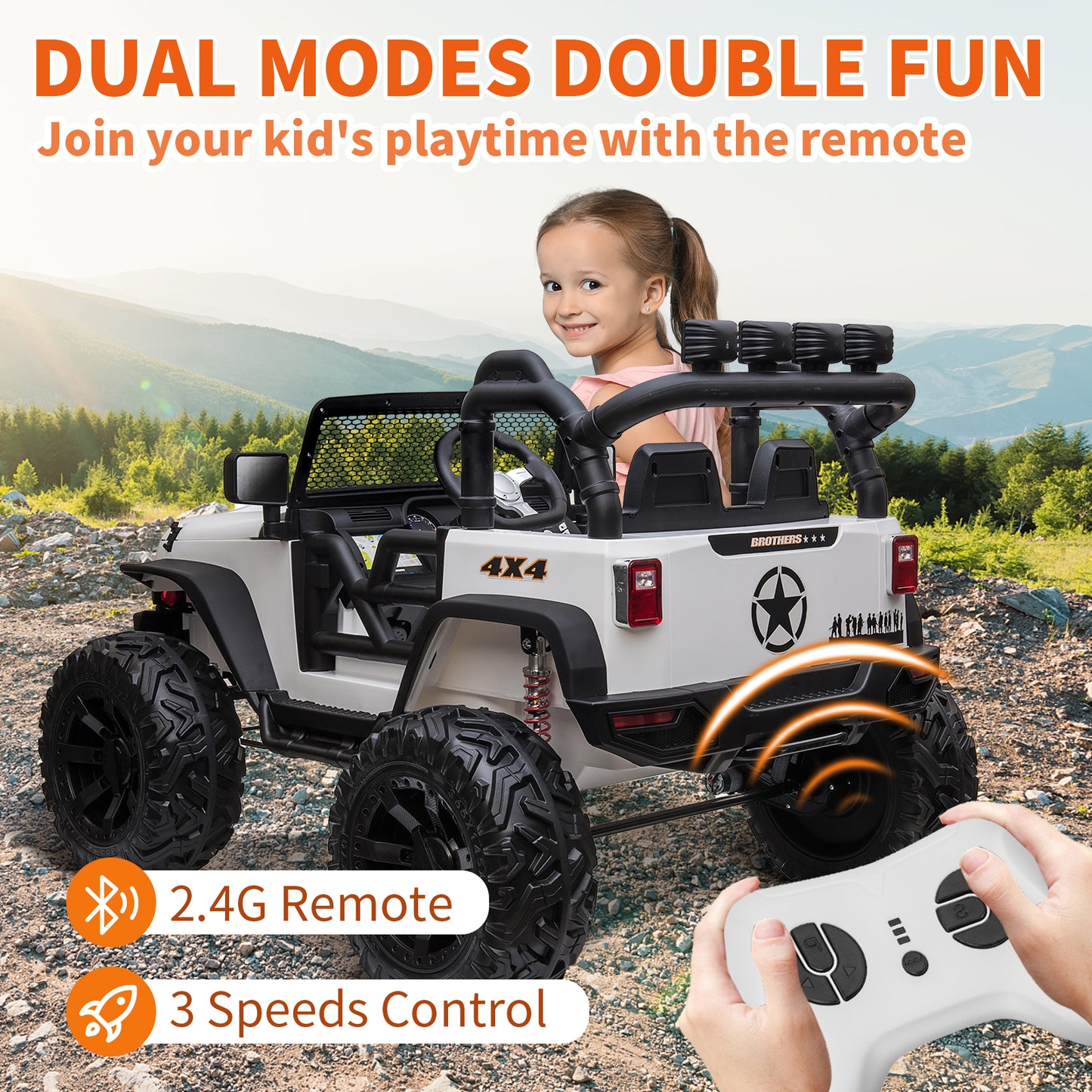 24V 4WD Kids Ride On Truck with Remote Control, 2 Seater Ride On Off-Road Toy Car w/ 4x200W Motors, 9AH Battery Powered Electric Vehicle, Spring Suspension, 3 Speeds, LED Lights, Bluetooth MP3 Music, White