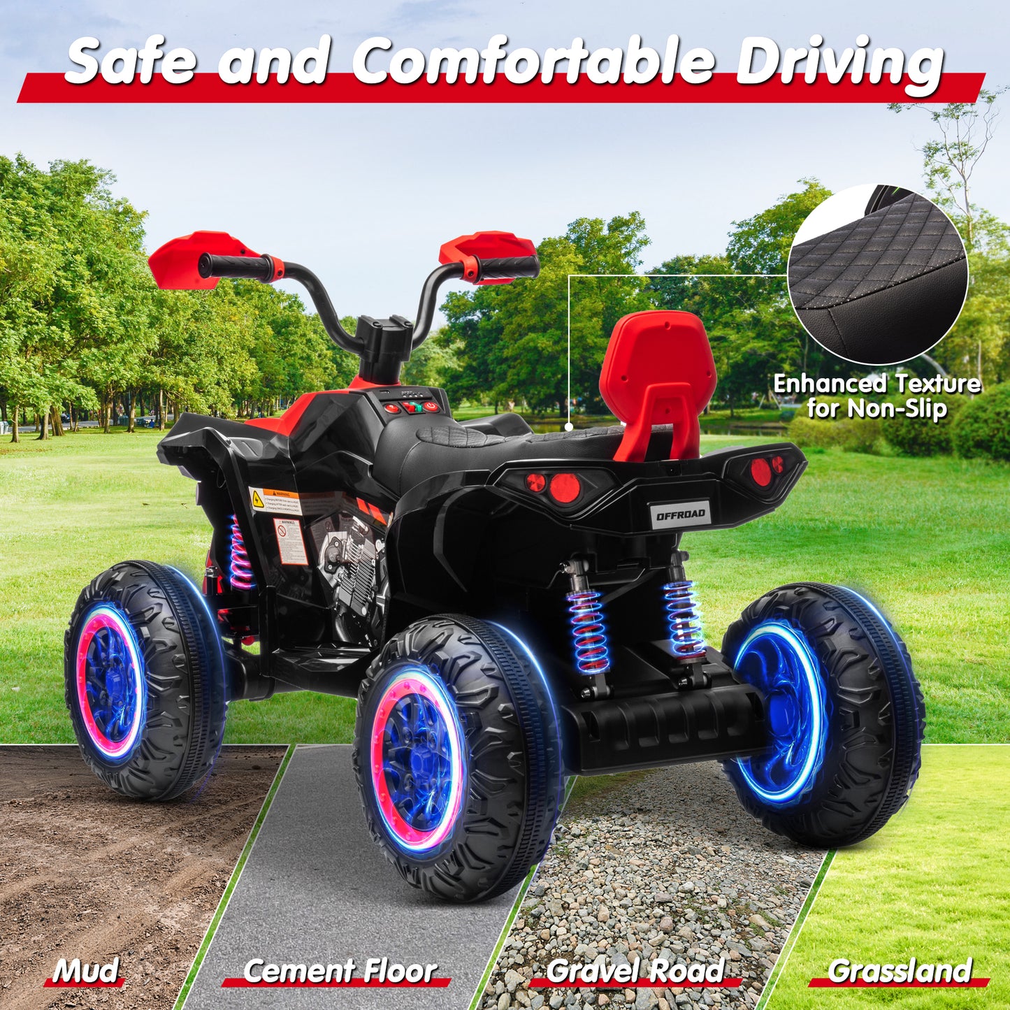 Joyracer 24V 4x4 Kids ATV Electric 4-Wheeler with Leather-Seater, 24 Volt Ride on Toys for Big Kids w/ Kneepads, 4x200W Motors, Bluetooth Music, Red