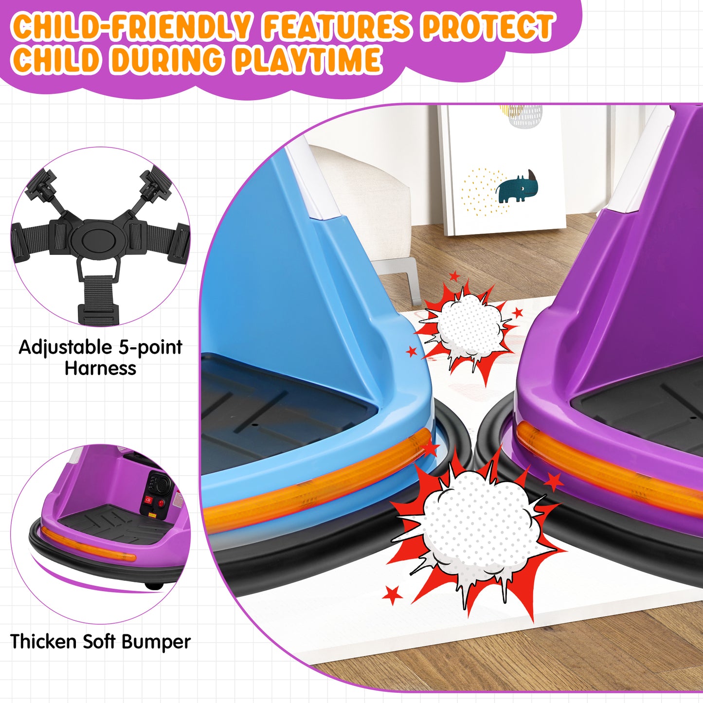 Joyracer 12V Kids Bumper Car for Toddler w/ Remote Control 3 Speeds, Electric Baby Bumper Car Ride on Toys with 7 Color Flashing Lights, 360 Spin, Volume Adjustable, USB/MP3 Music, 1.2 MPH Max, Purple