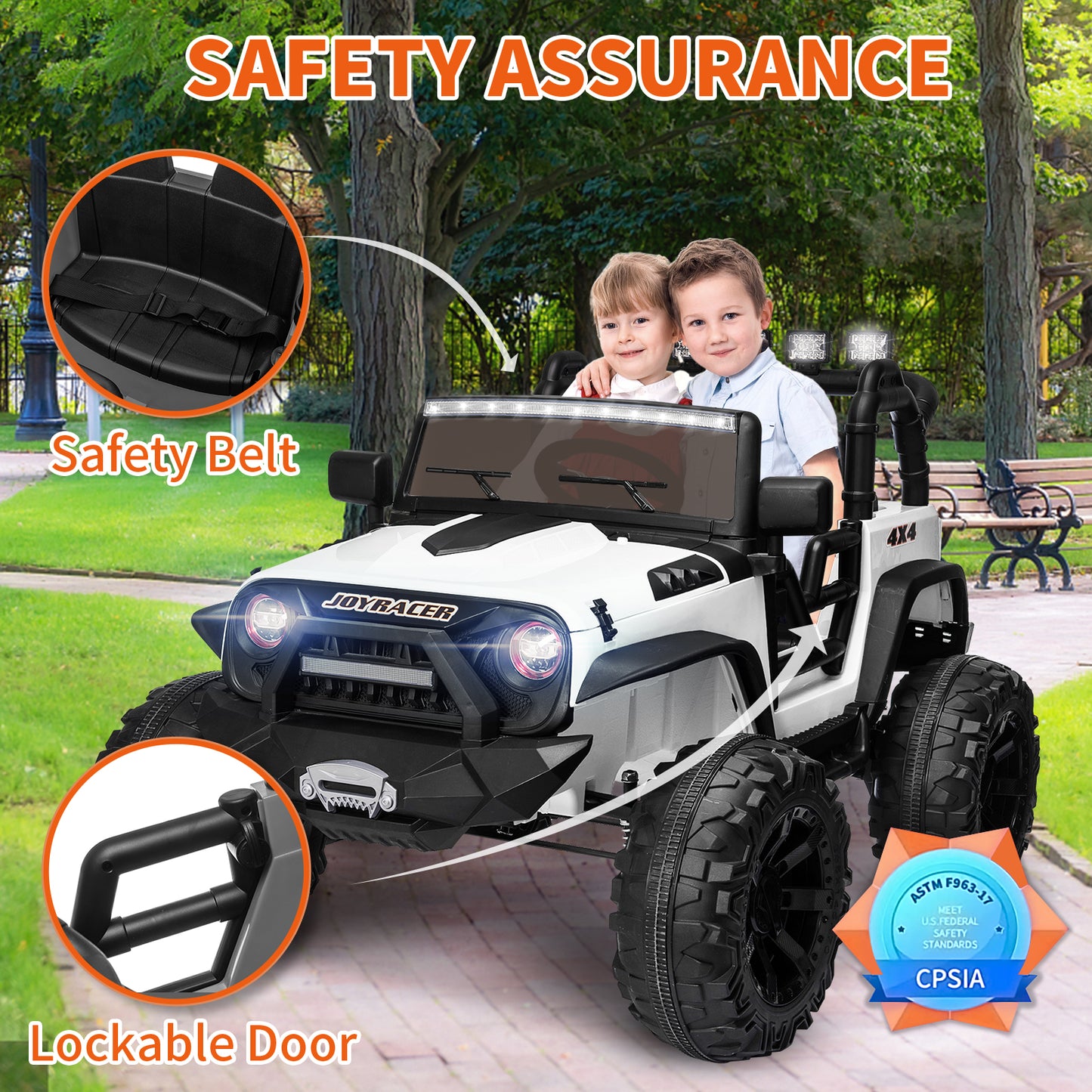 24V Kids Ride On Truck with 2 Seater Remote Control, 4WD Ride On Toy w/ 4*200W Motor 9AH Battery Powered Electric Car, 3 Speeds, Spring Suspension, LED Lights, Bluetooth Music, White