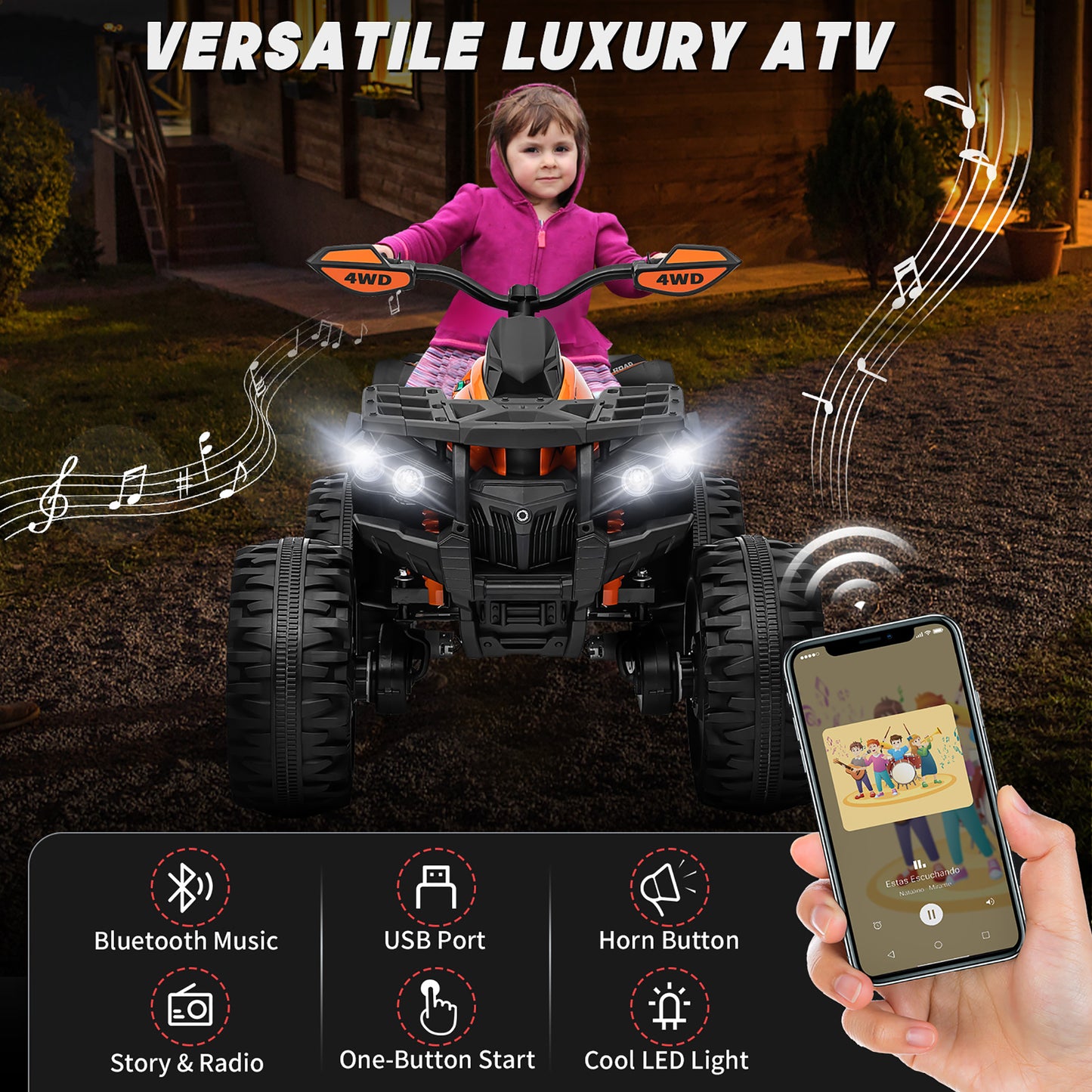 24V Kids Ride on ATV with 2 Seater, 4WD 4-Wheeler Quad Electric Car Toy w/ 4x200W Powerful Motor, High/Low Speed, Bluetooth, Radio, Music, LED Light for Boys & Girls Gift, Orange