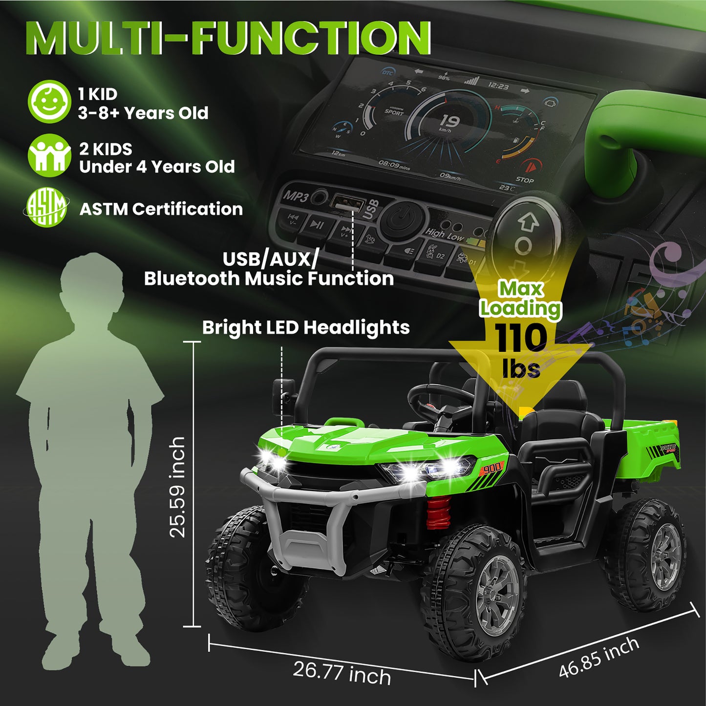 Joyracer 24V Ride on Toys UTV with Remote Control, Outdoor Electric Cars for Kids, 2 Seater Powered Ride on Dump Truck w/ Trailer, Shovel, 3 Speeds, Music, Big Kids, Green