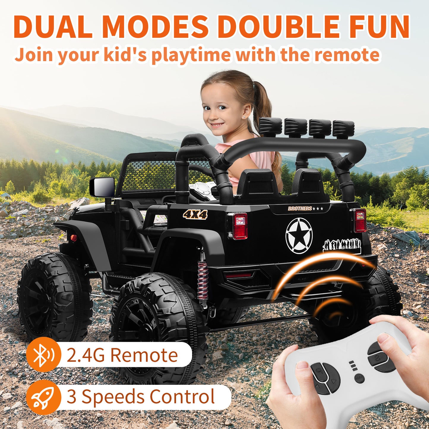 24V 4WD Kids Ride On Truck with Remote Control, 2 Seater Ride On Off-Road Toy Car w/ 4x200W Motors, 9AH Battery Powered Electric Vehicle, Spring Suspension, 3 Speeds, LED Lights, Bluetooth MP3 Music, Black