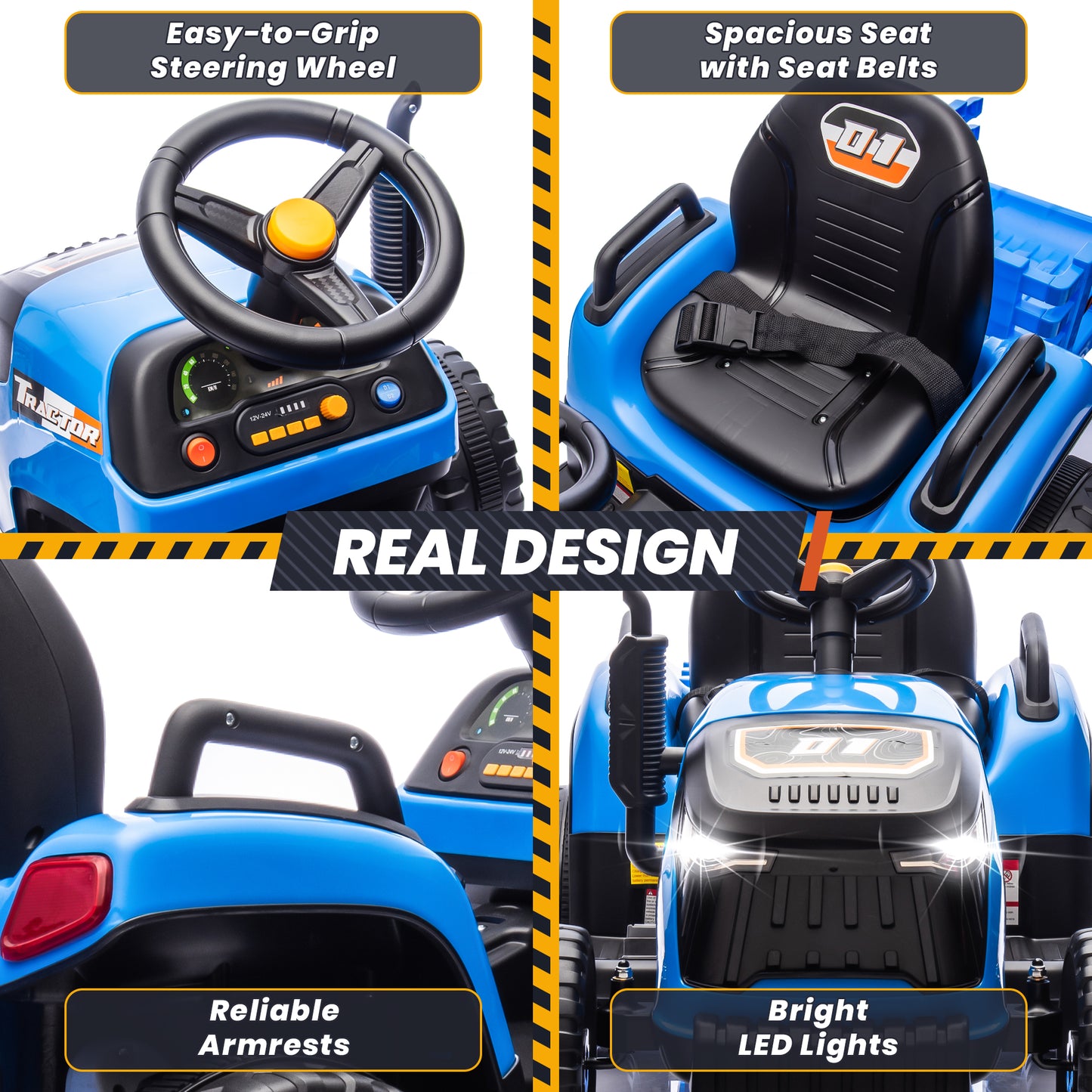Joyracer 24 Volt Ride on Toys with Remote Control, Battery Powered Tractor Wheeler Electric Car for Toddlers, Motorized Vehicle w/ Tippable Trailer, Music - Blue 4-21