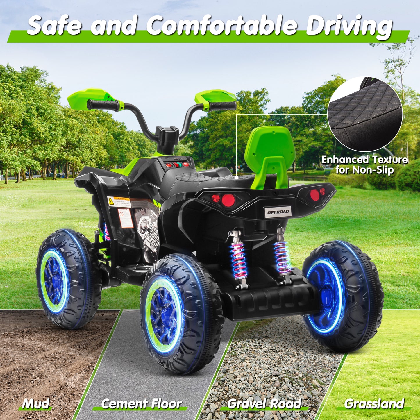 Joyracer 24V 4x4 Kids ATV Electric 4-Wheeler with Leather-Seater, 24 Volt Ride on Toys for Big Kids w/ Kneepads, 4x200W Motors, Bluetooth Music, Green